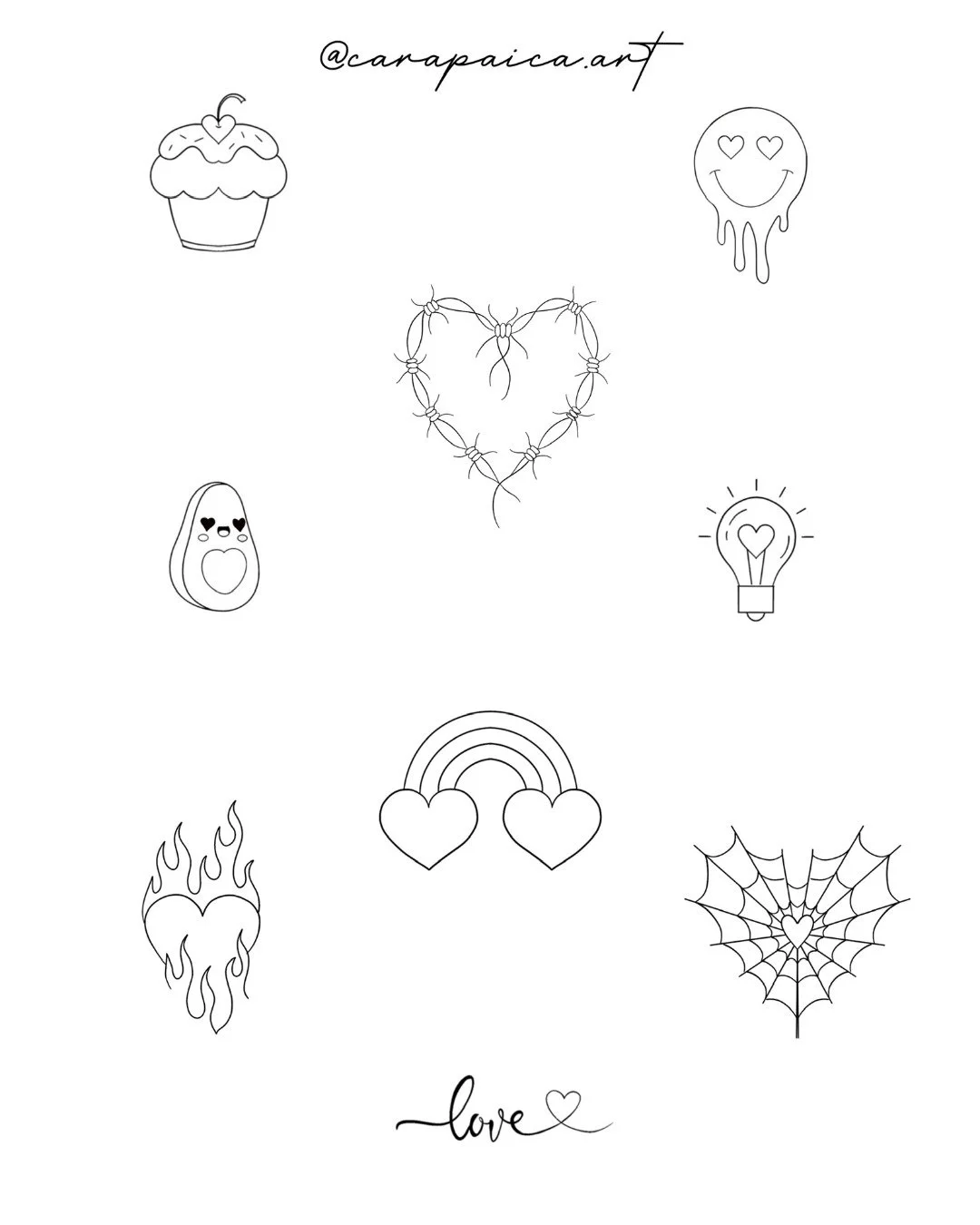 Collection of black and white line art illustrations with love and heart themes: cupcake, smiley face with heart eyes, heart-shaped barbed wire, heart with flames, rainbow with two hearts, lightbulb with heart, spiderweb with heart, and the word 'lov