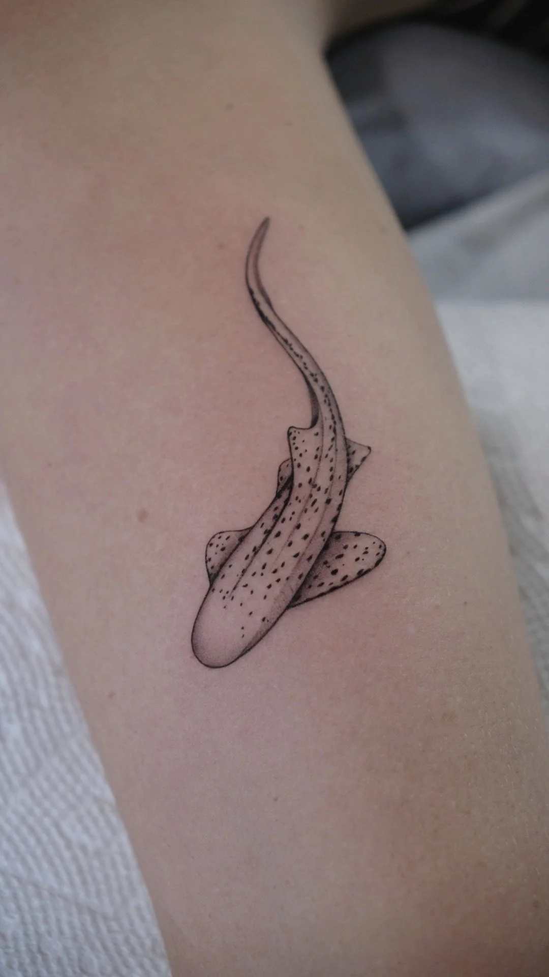 Tattoo of a leopard frog with detailed spots on a person's skin.