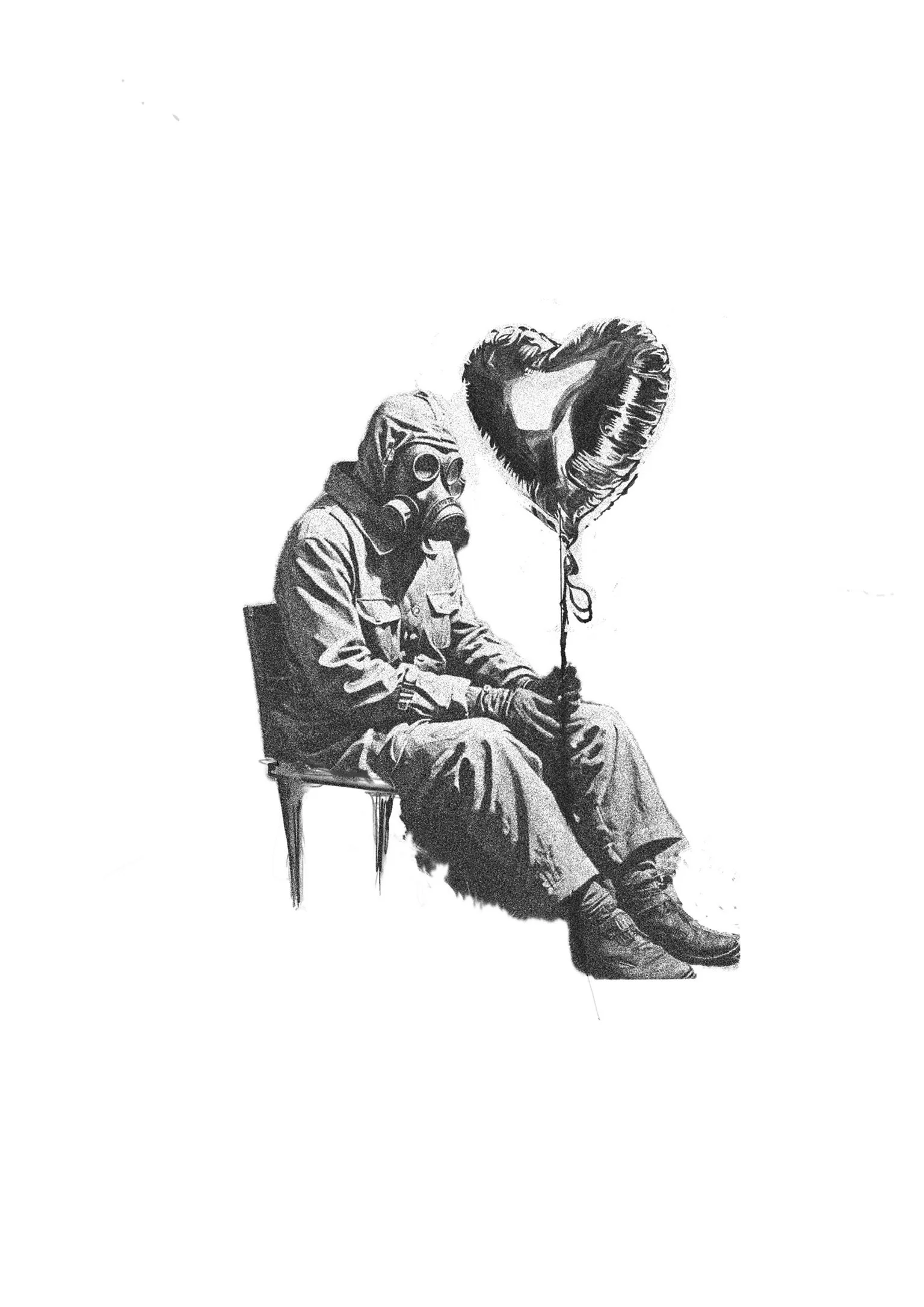 A person sitting on a chair wearing a gas mask and military clothing, holding a heart-shaped balloon.