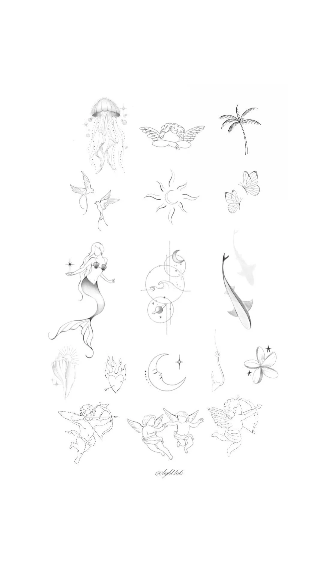 Collection of black and white tattoo sketches featuring mermaids, angels, moons, suns, butterflies, and celestial symbols.