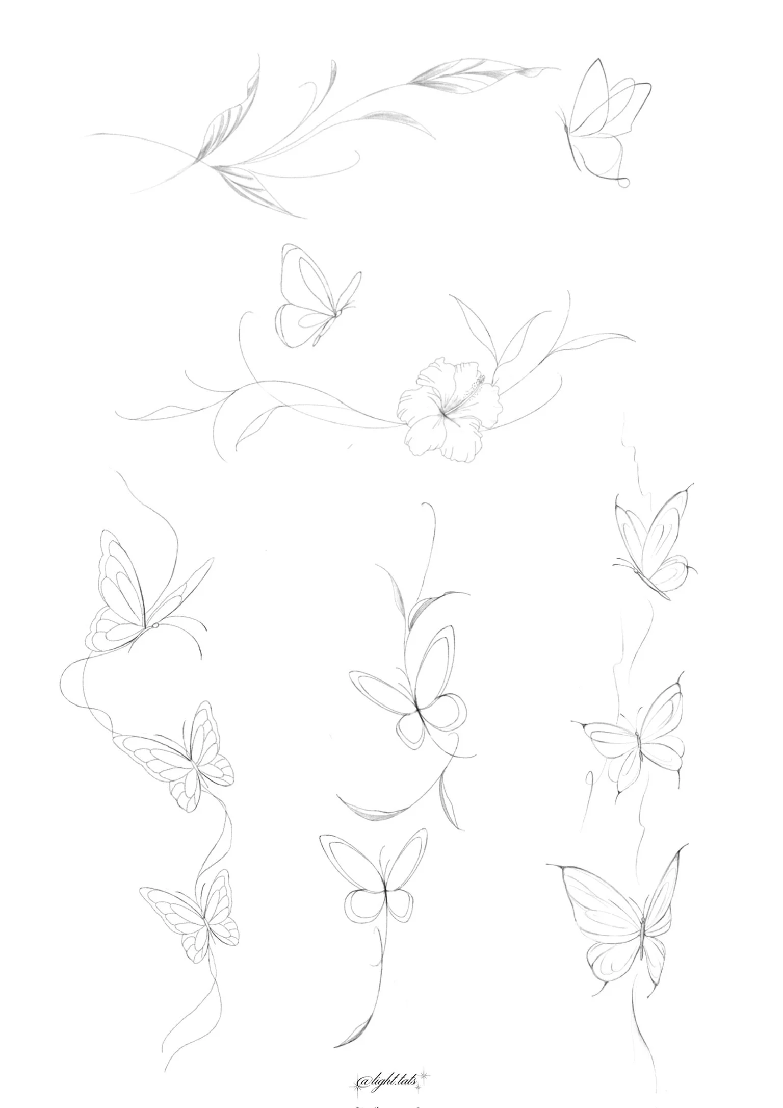 Line drawing of butterflies and flowers on a white background.