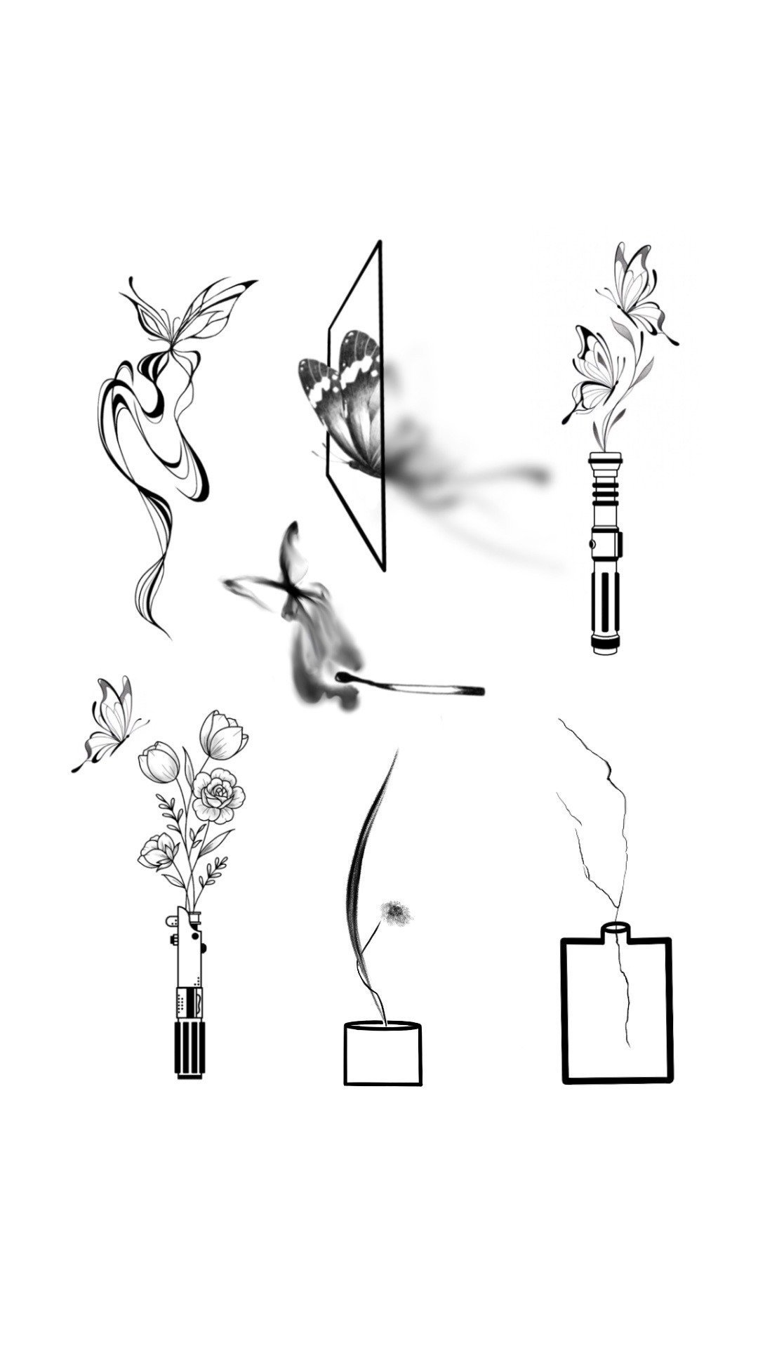 Black and white digital illustration of butterflies emerging from various vape devices, creating a surreal and artistic composition.