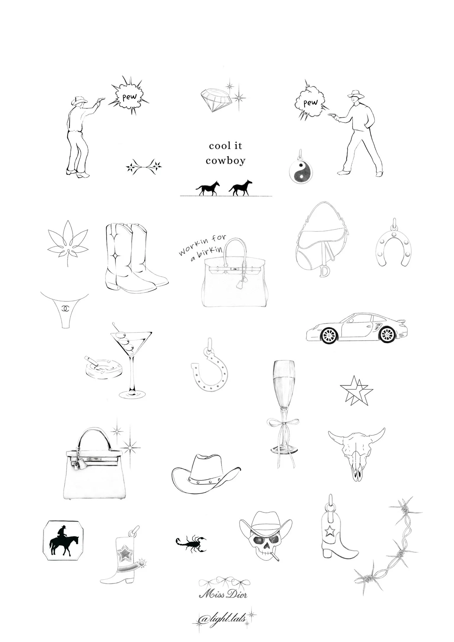 Black and white line drawings of various objects, including a cowboy, horse, diamond, diamond ring, marijuana leaf, cowboy boots, handbag, purse, car, martini, horseshoe, star, bull skull, cowboy hat, skull with sunglasses, bottle with star, and a st