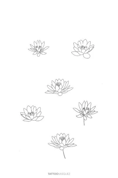 Sketch of seven lotus flowers with leaves, arranged in different positions.