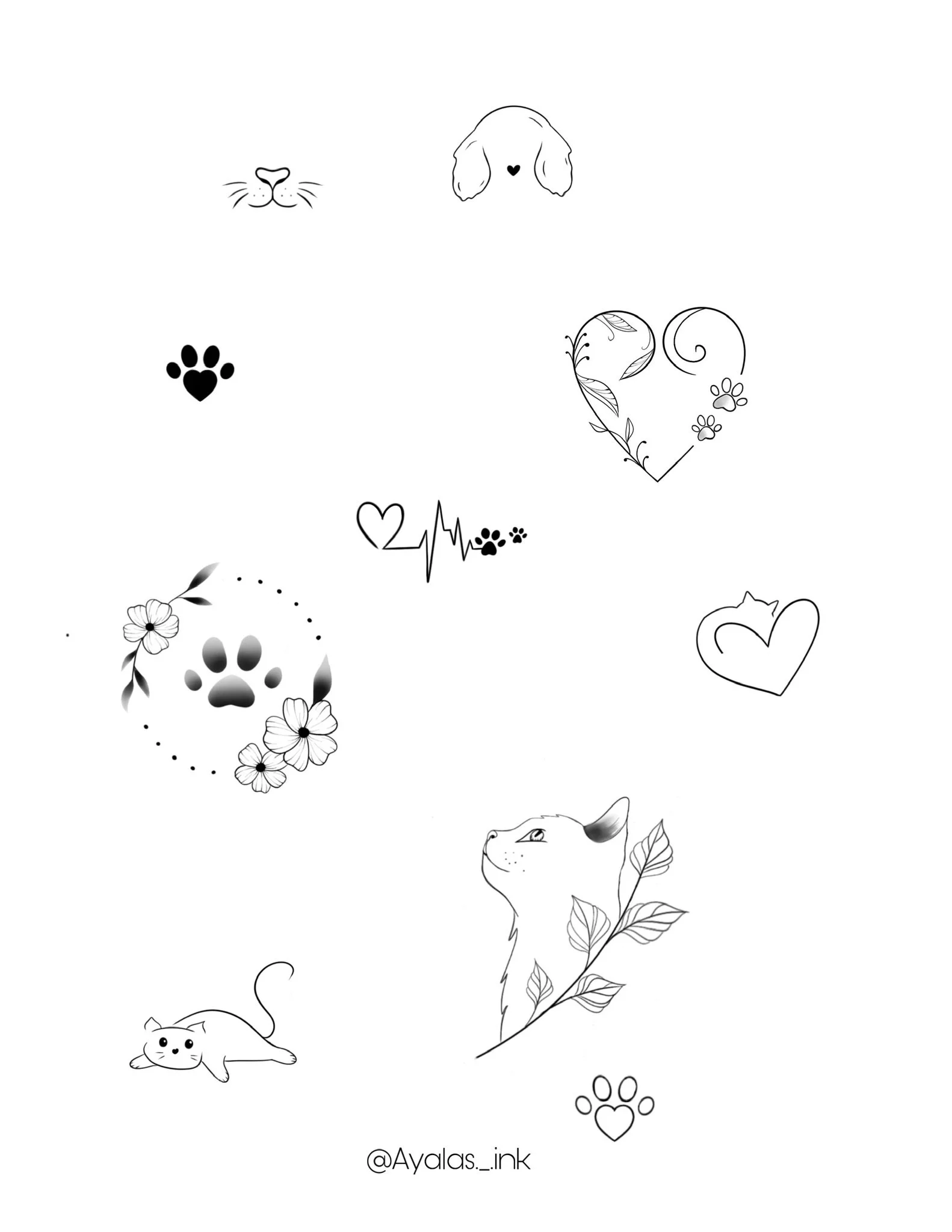 A collection of black and white line drawings of various animals, hearts, paw prints, and floral designs.