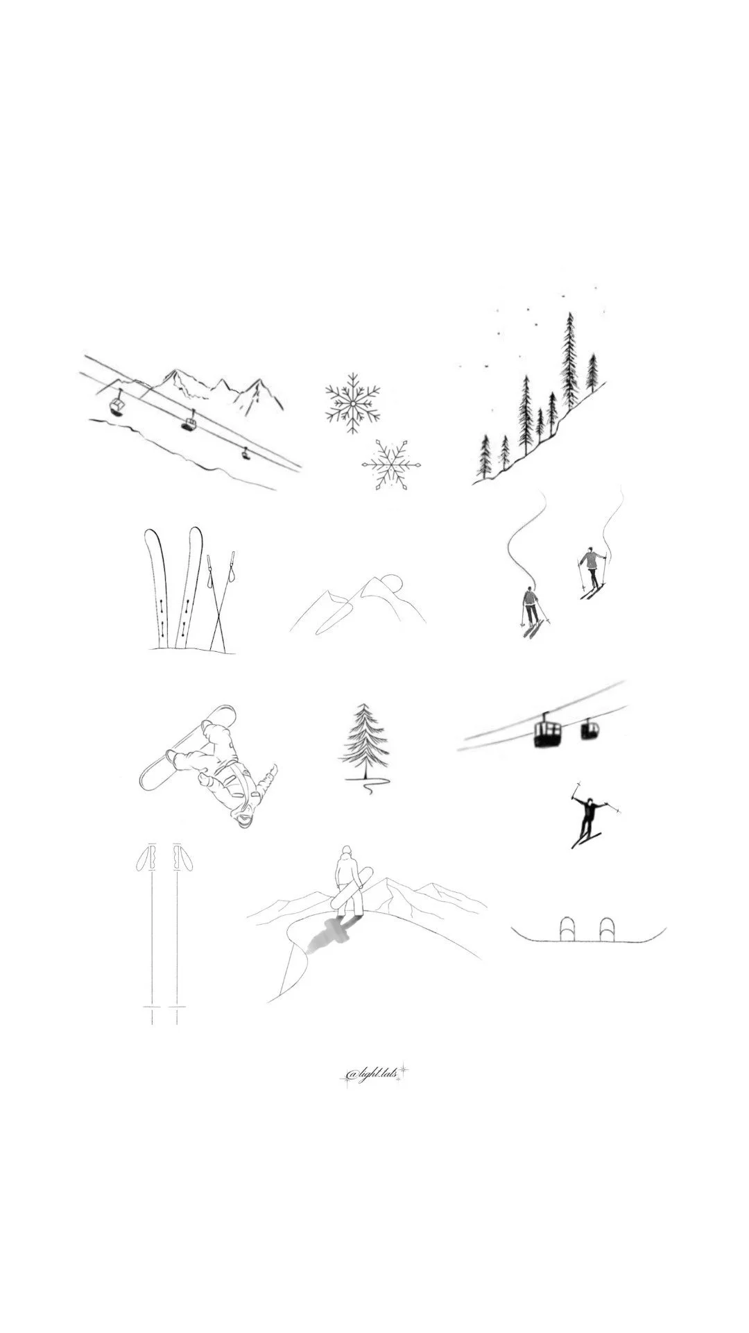 Black-and-white line drawing of winter sports activities, including skiing, snowboarding, snowshoeing, cable car rides, and mountain landscapes with trees and peaks.
