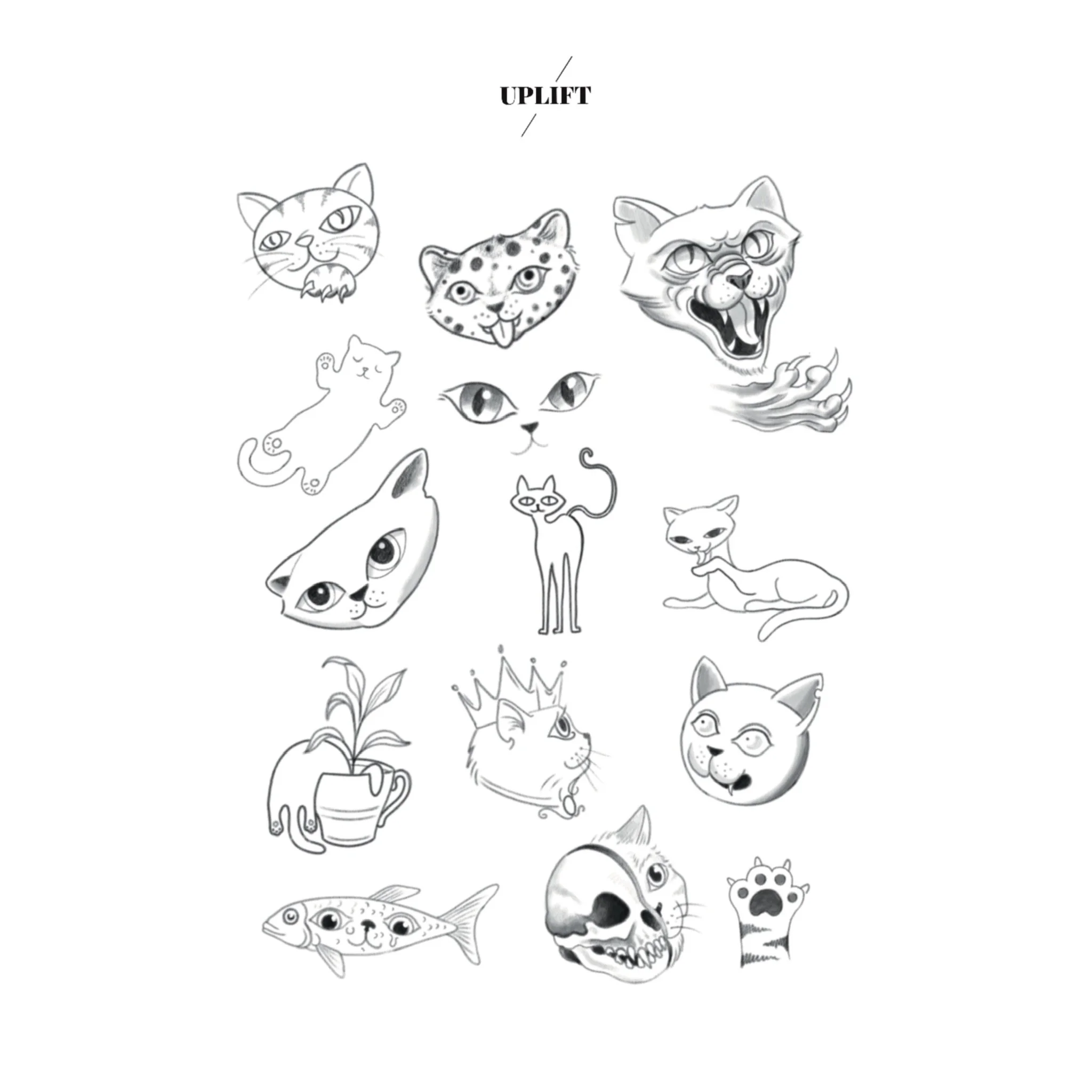 A collection of black and white illustrated animal and object sketches, including cats with various expressions, a leopard, a fish, a skull, a paw print, a plant in a pot, and a fierce-looking wolf head with flames. The word 'UPLIFT' is written at th