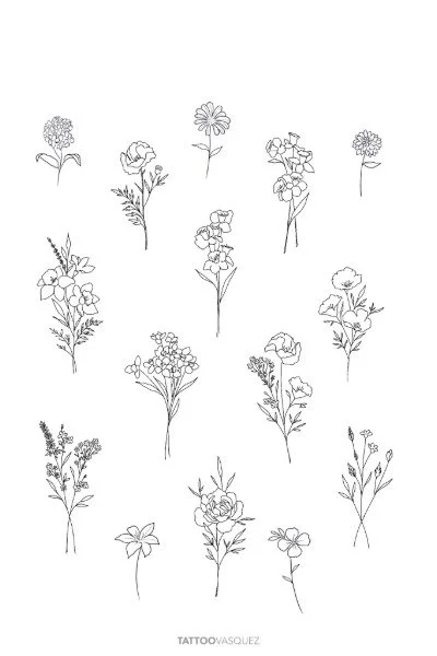 Line drawings of various flowers arranged in four rows.