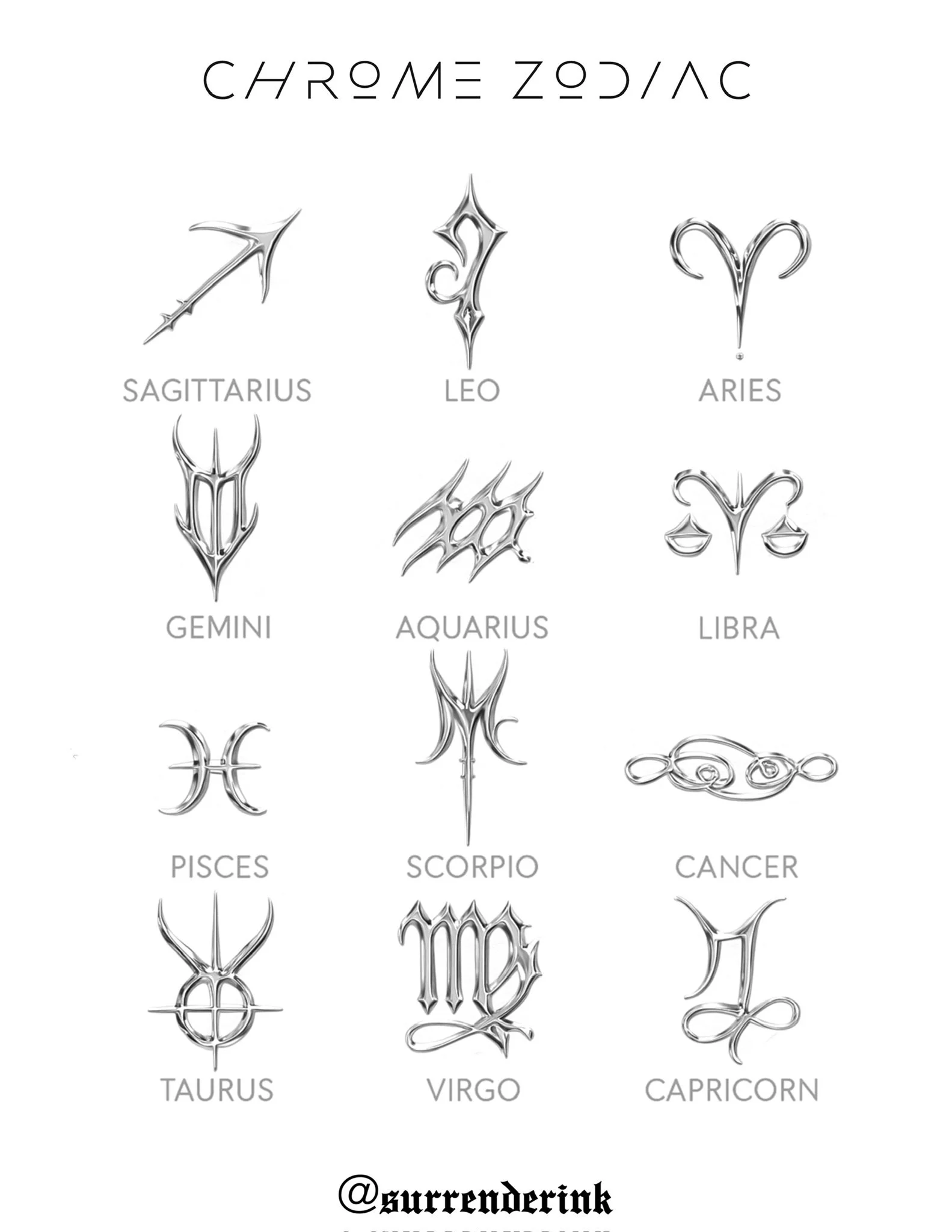 Silver zodiac symbols for the 12 astrological signs arranged in a grid, with 'CHROME ZODIAC' title at the top and '@surrenderink' handle at the bottom.