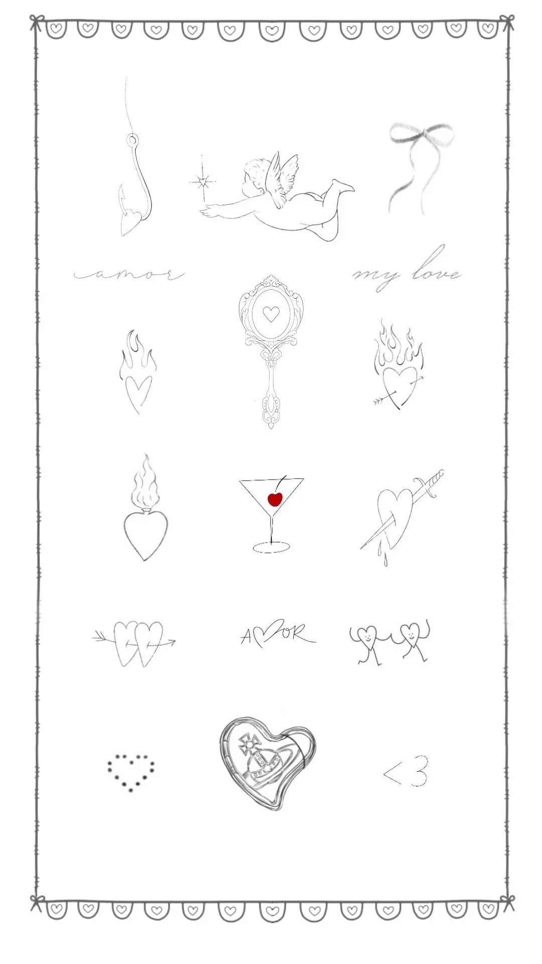 A collection of black and white romantic and love-themed illustrations, including cherubs, hearts, flames, arrows, a mirror, and the words 'amore' and 'my love', arranged on a decorated border background.