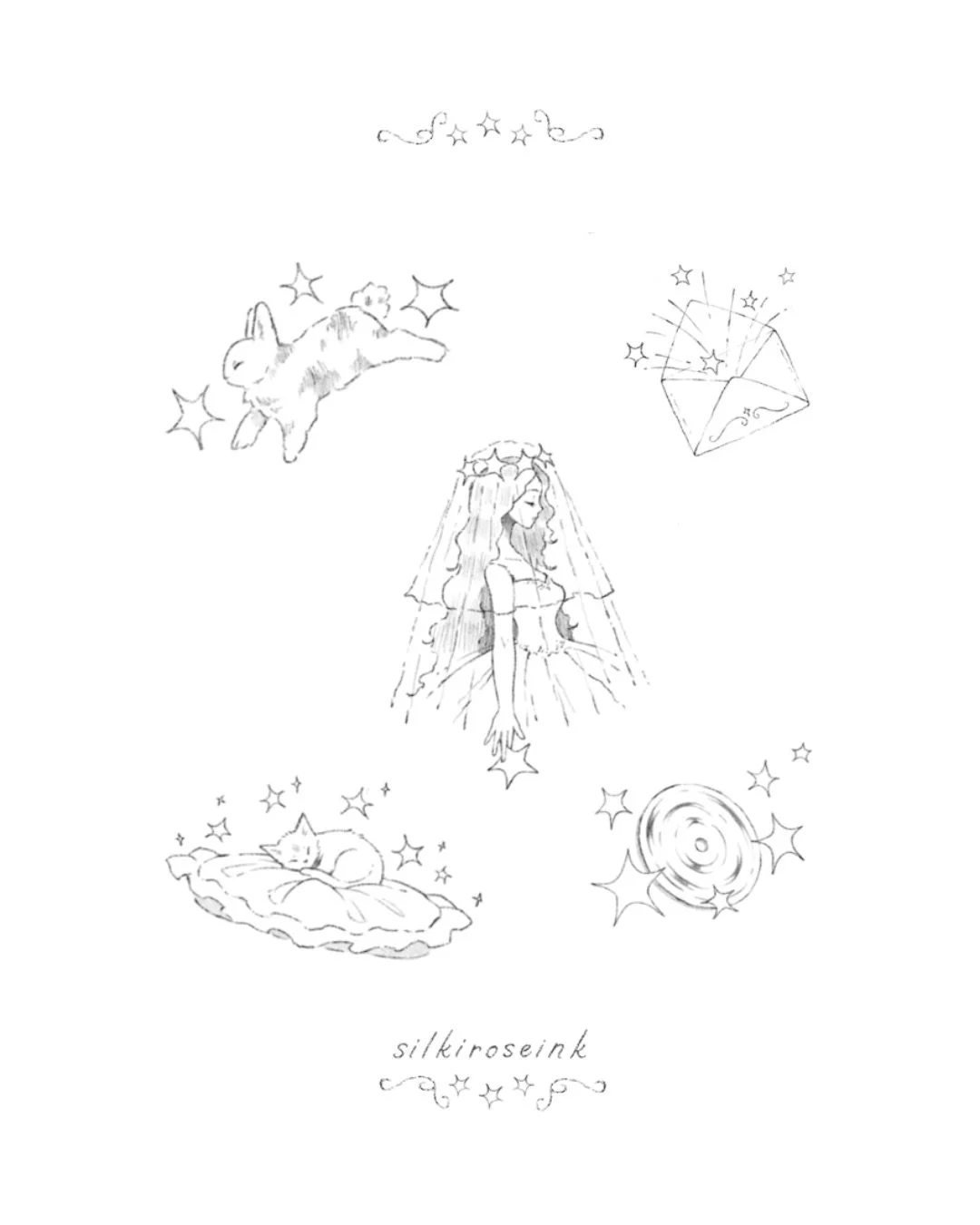 A whimsical line drawing of a fairy tale-like scene with a girl wearing a crown, a sleeping cat on a cushion, a flying rabbit, a glittering box, and swirling sparkles. The word "sikiroseink" with decorative stars is at the bottom.