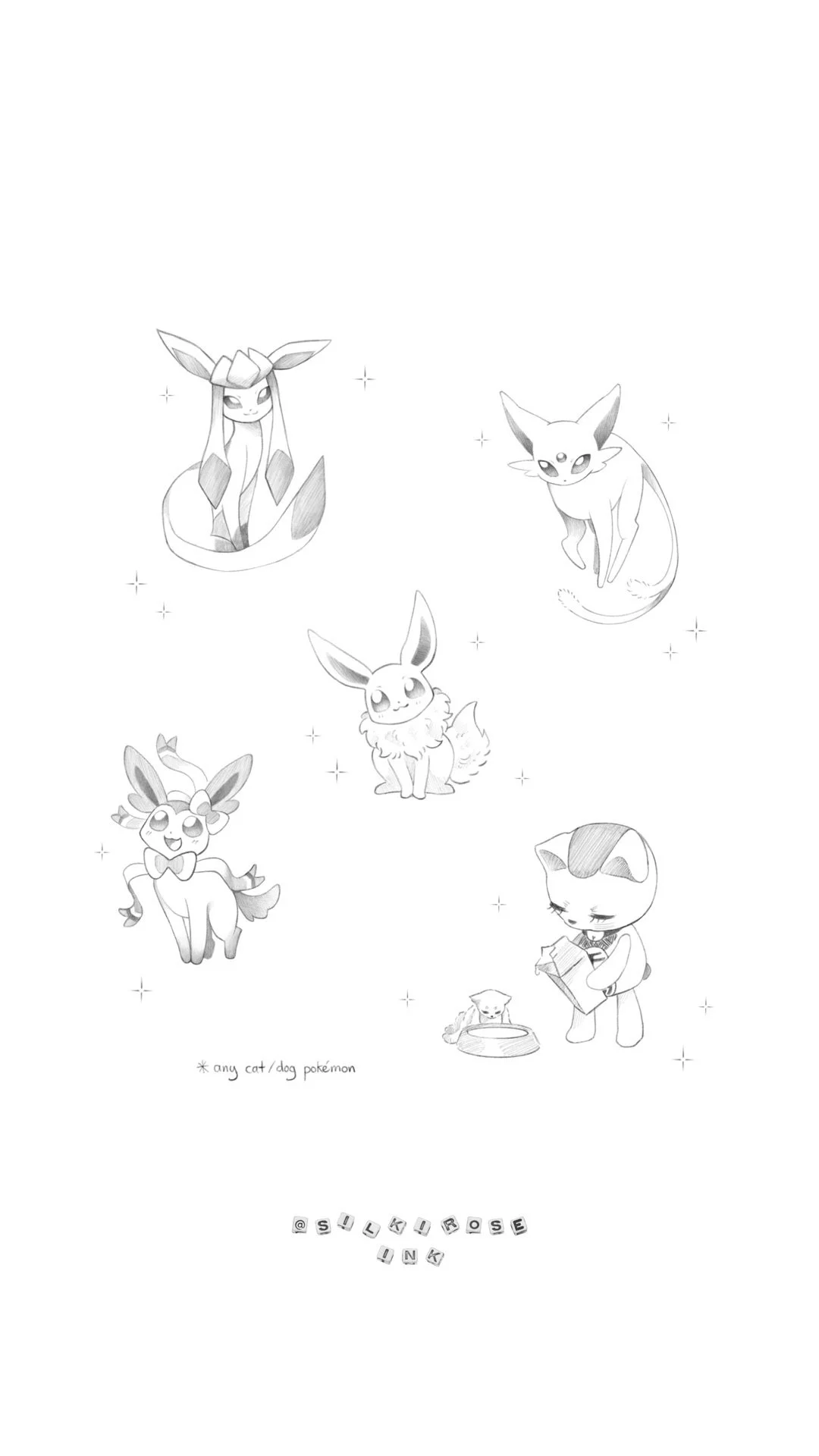 A black-and-white illustration of Pokémon characters, including Eevee, Vulpix, Flareon, Sylveon, and Meowstic, with star-like sparkles scattered around and the text '@silikirose ink' at the bottom.