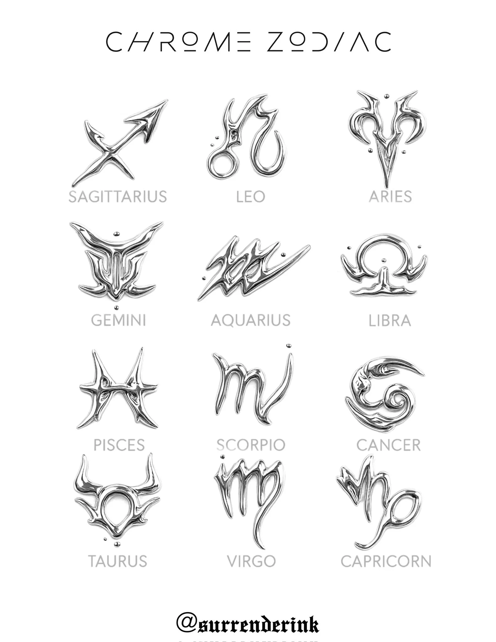 Stylized metallic symbol representations of all twelve zodiac signs with their names, arranged in a grid with three rows and four columns. The top row displays Sagittarius, Leo, and Aries. The second row features Gemini, Aquarius, and Libra. The thir