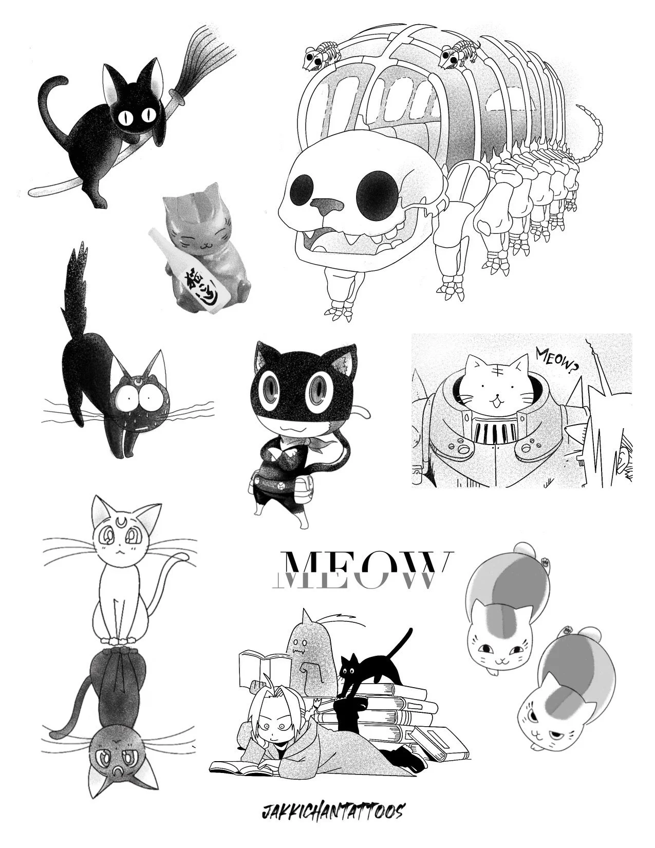 A collection of various cartoon cats and a large skeleton of a dog.