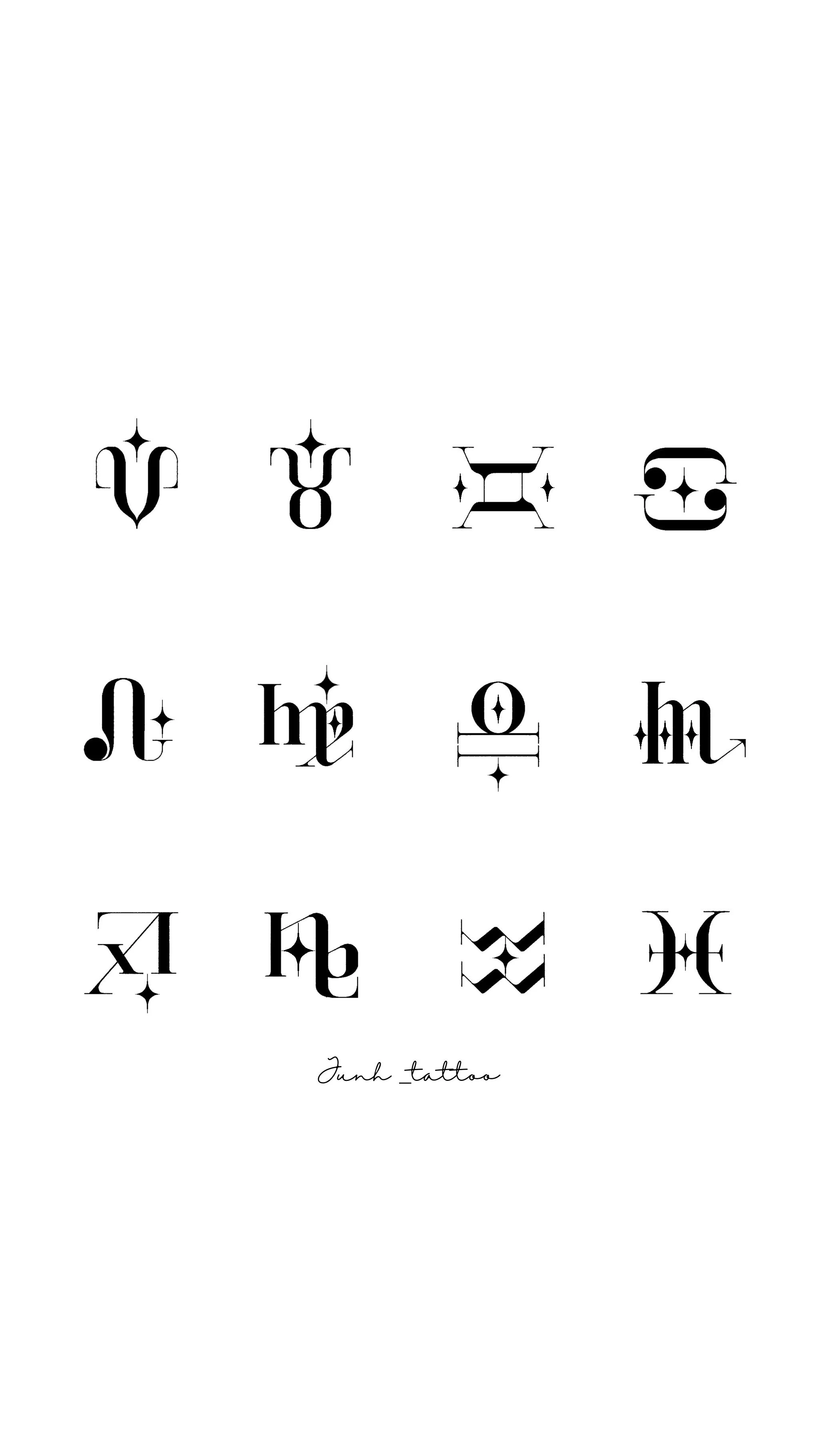 Tattoo design featuring various stylized black symbols and the text 'tattoo' in cursive.