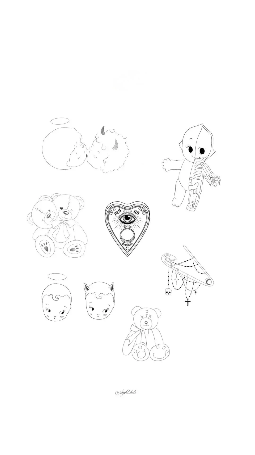 Collection of black-and-white line drawings including a kissing devil and angel, a teddy bear with patches, an eye in a heart with the words "yes" and "no," a hanging dreamcatcher with skull and cross charms, two baby faces with different expressions