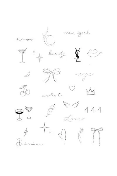 Hand-drawn illustrations and words related to New York, beauty, love, and artistic themes, including stars, a bow, cherries, a crown, and cocktail glasses.