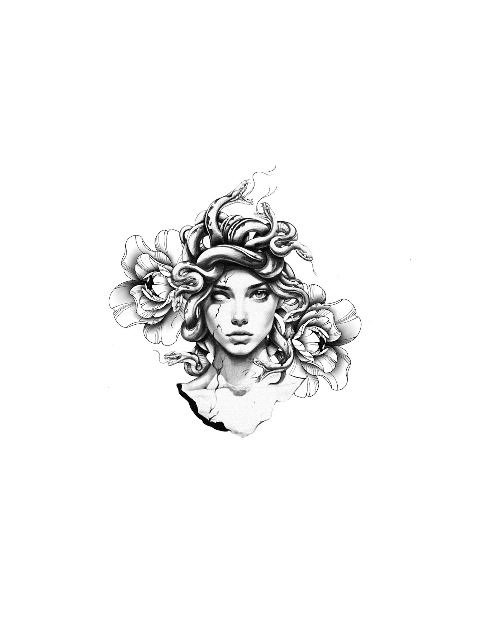 Black and white tattoo-style illustration of a woman's face with serpent hair, cracked skin, and floral elements.
