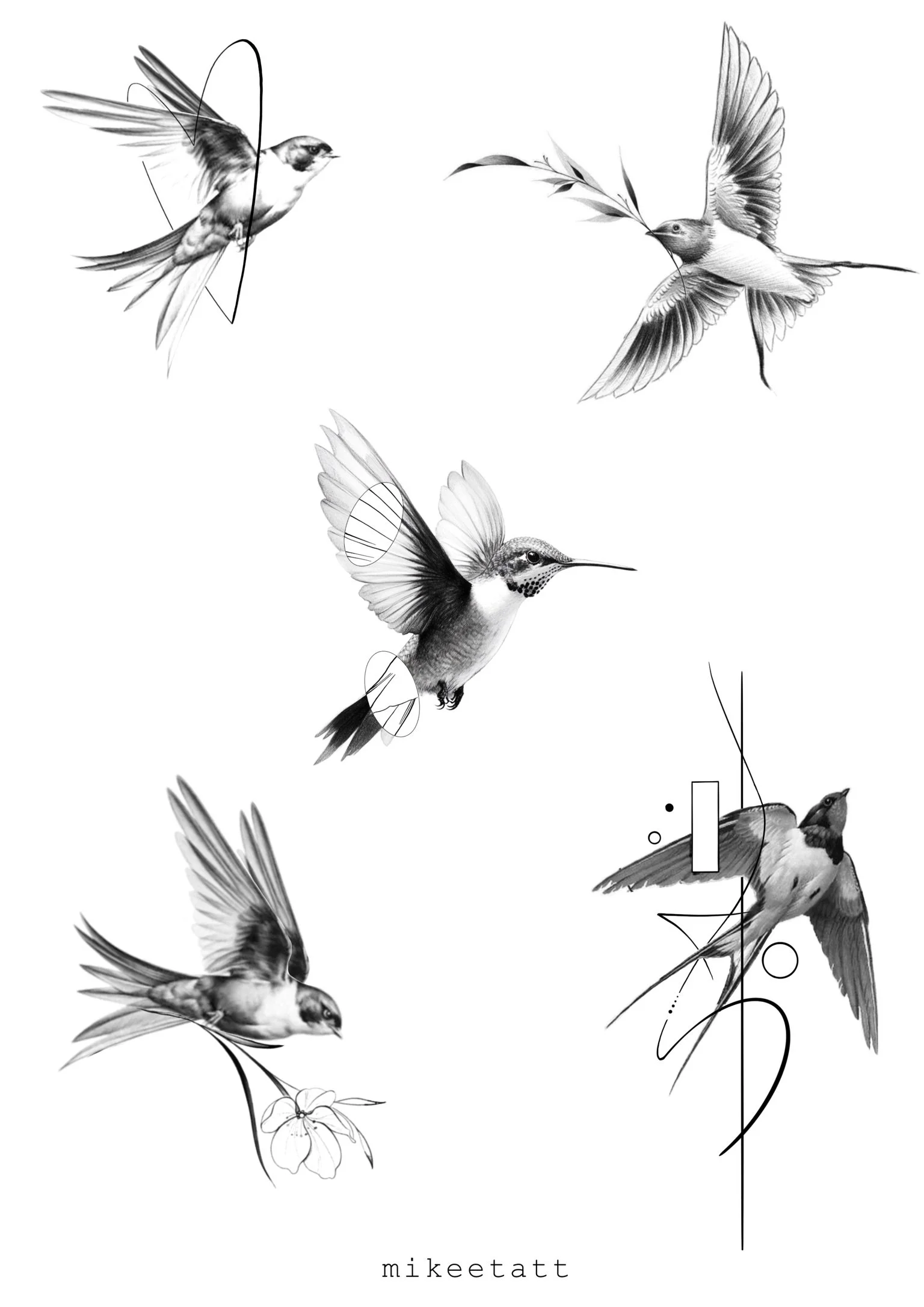 Artwork of five hummingbirds in black and white with geometrical and floral elements, and the name 'mikee tatt' at the bottom.