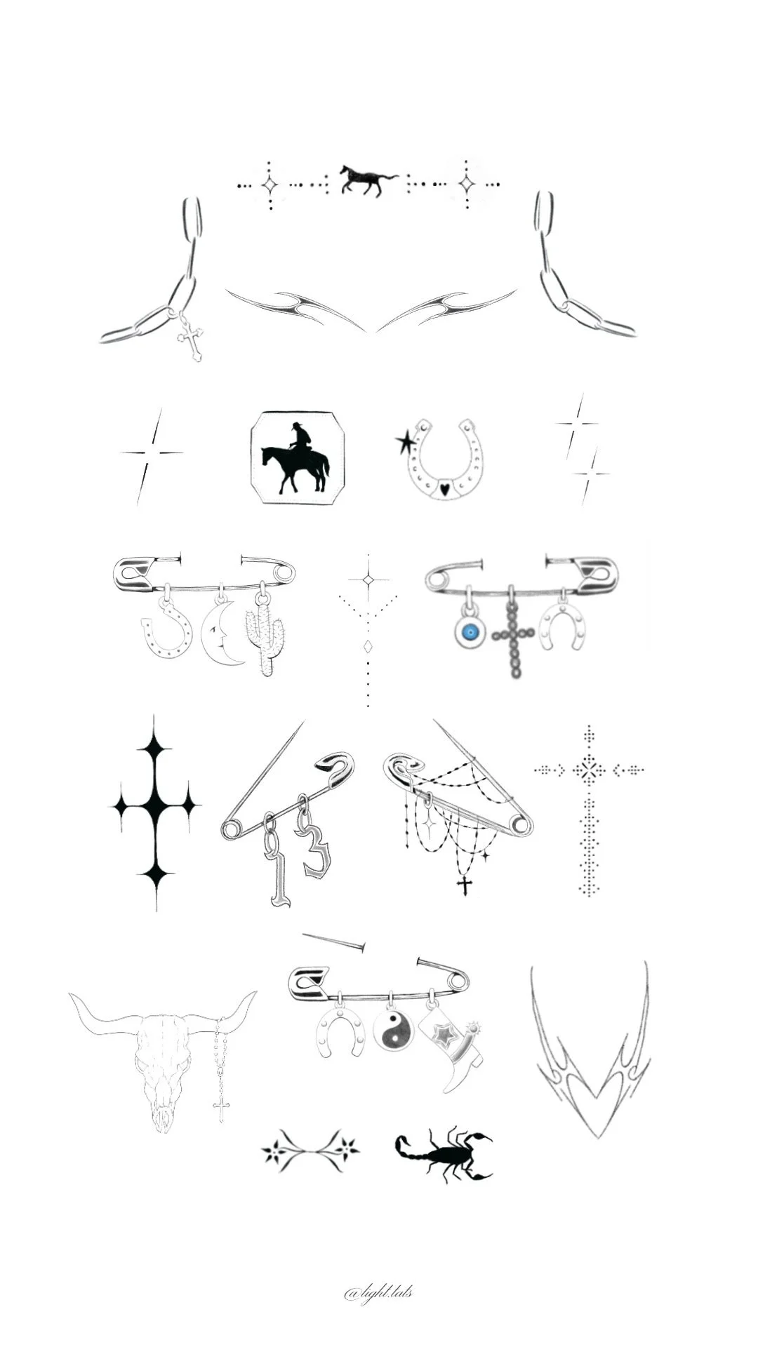 A collection of jewelry and accessories with various charms, safety pins, and decorative elements, including zodiac symbols, animals, and celestial motifs.