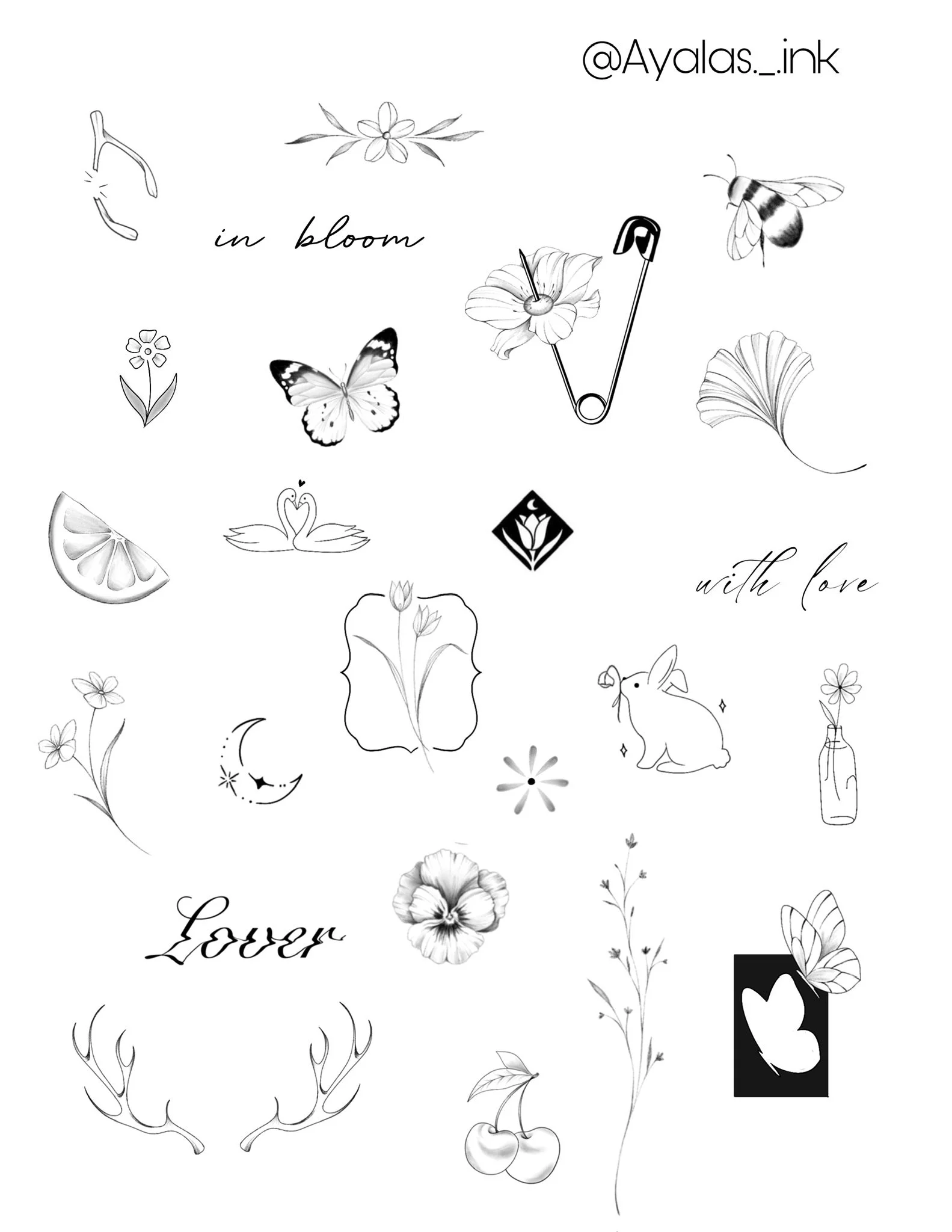 Collection of black and white illustrations of flowers, butterflies, a bunny holding a flower, strawberries, antlers, and text phrases such as 'in bloom', 'with love', and 'Lover' in a decorative style.