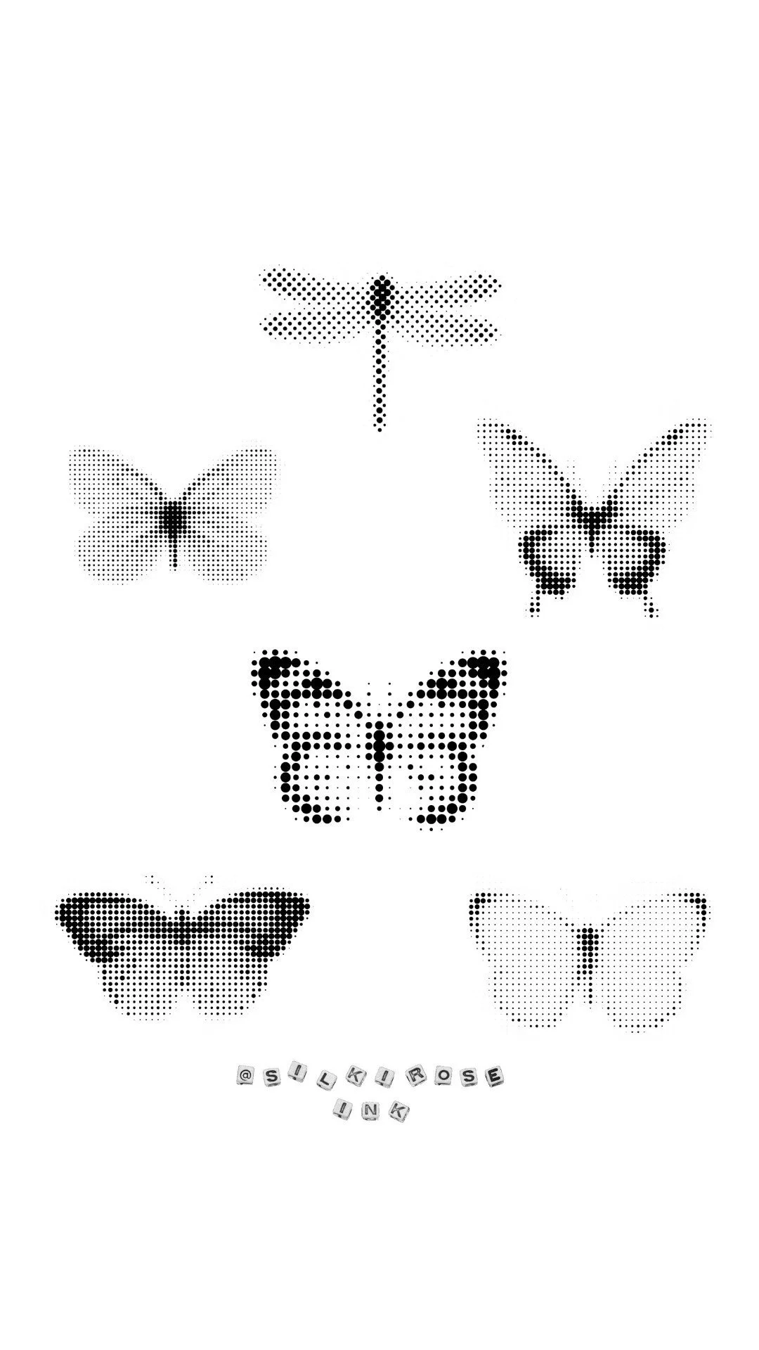 Six different black and white butterfly illustrations created with halftone dots, arranged in three rows with three butterflies in the top row, two in the middle, and one in the bottom row. There are also letter blocks spelling 'SULKIRSE INK' at the 