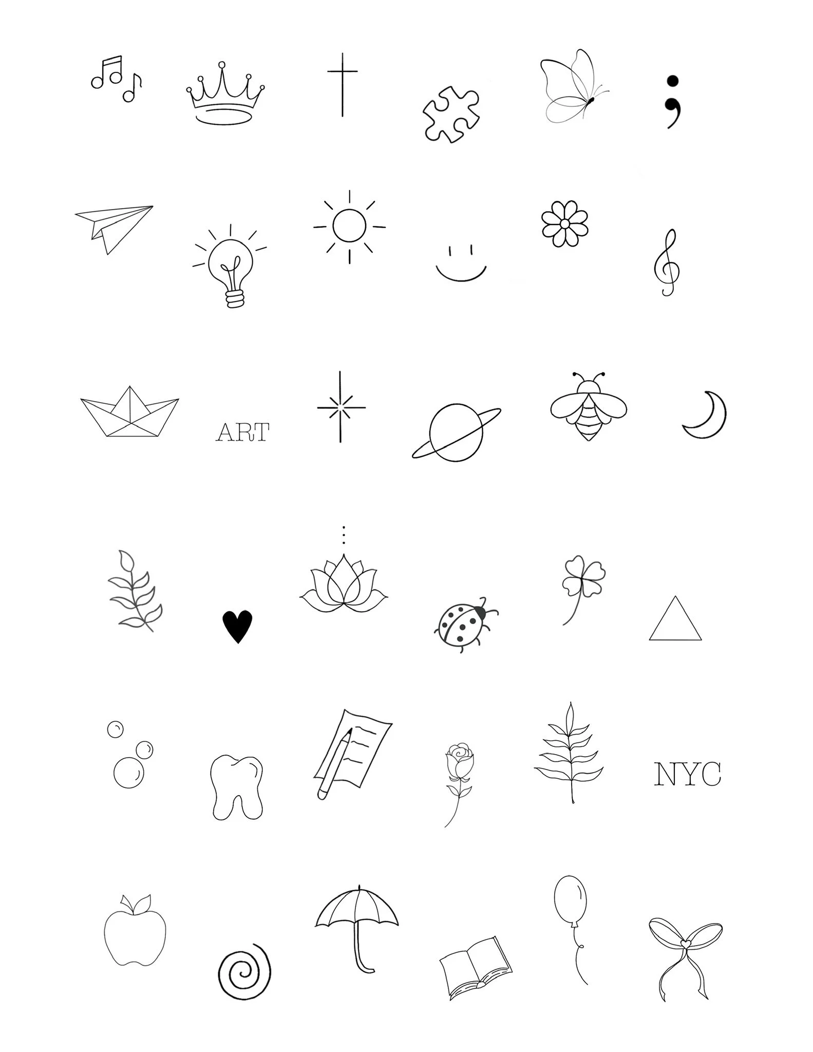 Collection of simple black-and-white line drawings including musical notes, crown, cross, puzzle piece, butterfly, semicolon, paper airplane, lightbulb, sun, smiley face, flower, treble clef, origami boat, ART text, star, planet, bee, moon, plant, he