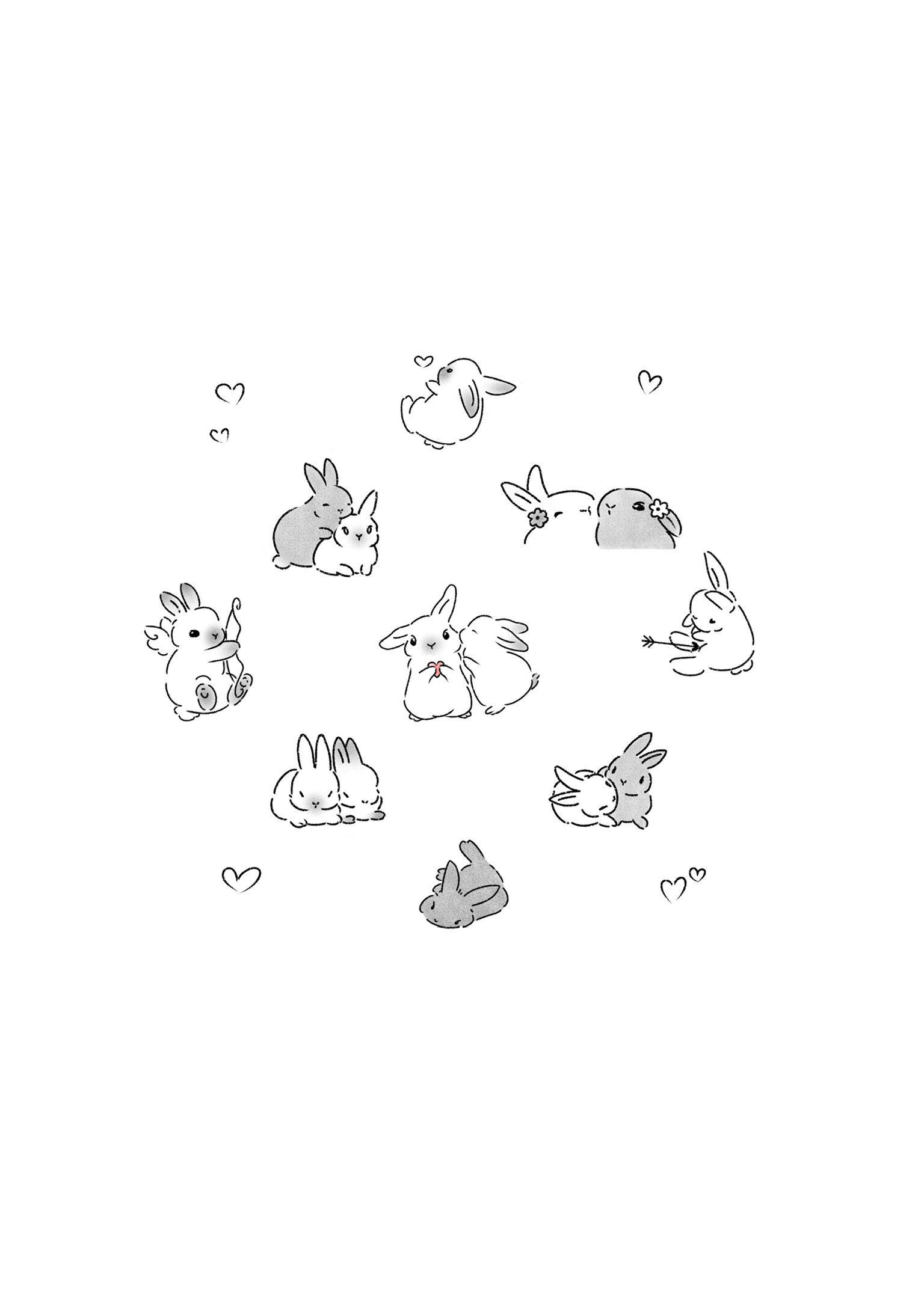 A collection of cute cartoon bunnies and rabbits in various poses, surrounded by small hearts.