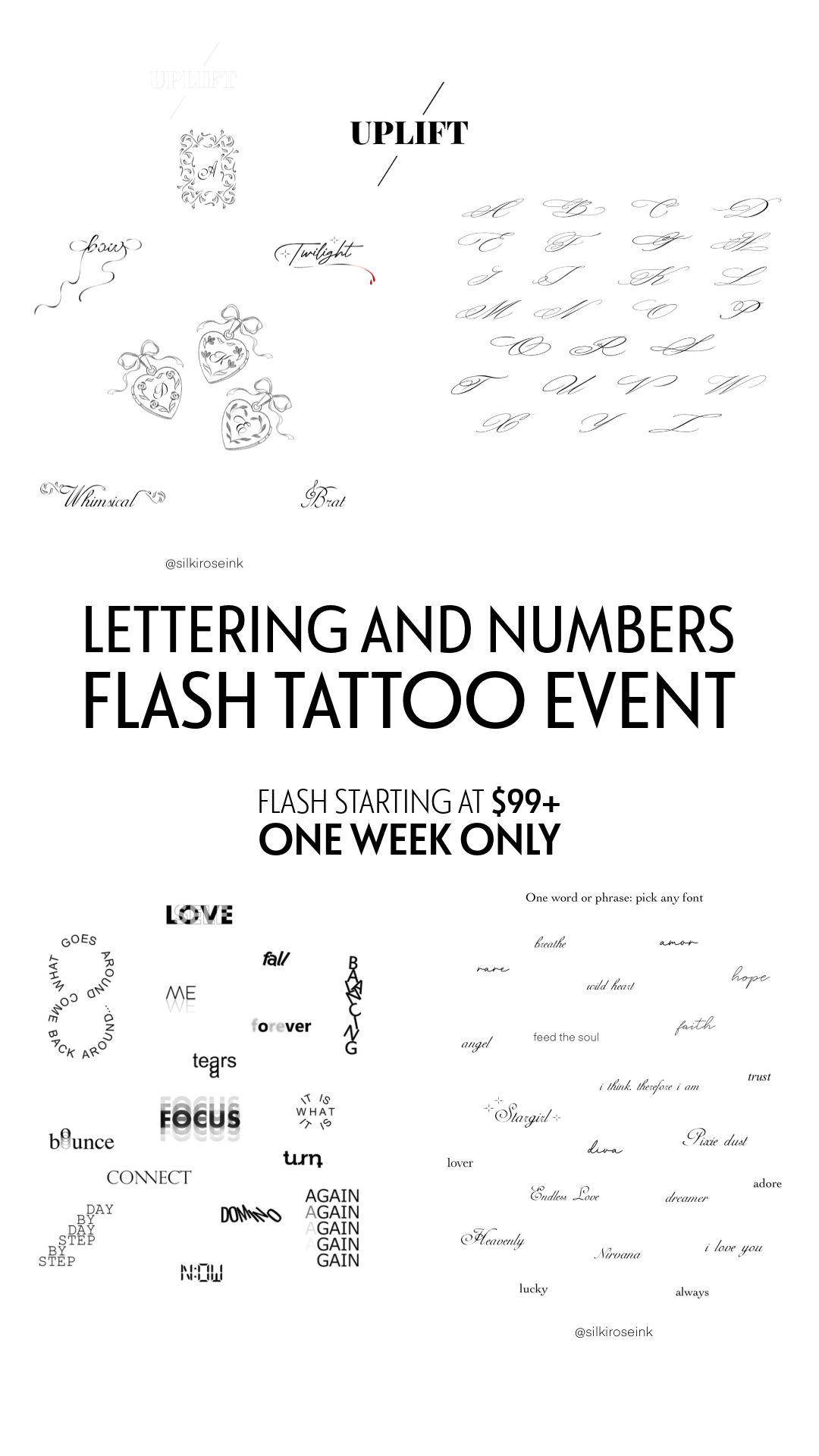 Flyer or advertisement for a tattoo event called 'Uplift', featuring lettering styles, numbers, and designs, stating 'Flash tattoo event starting at $99+ for one week only.'