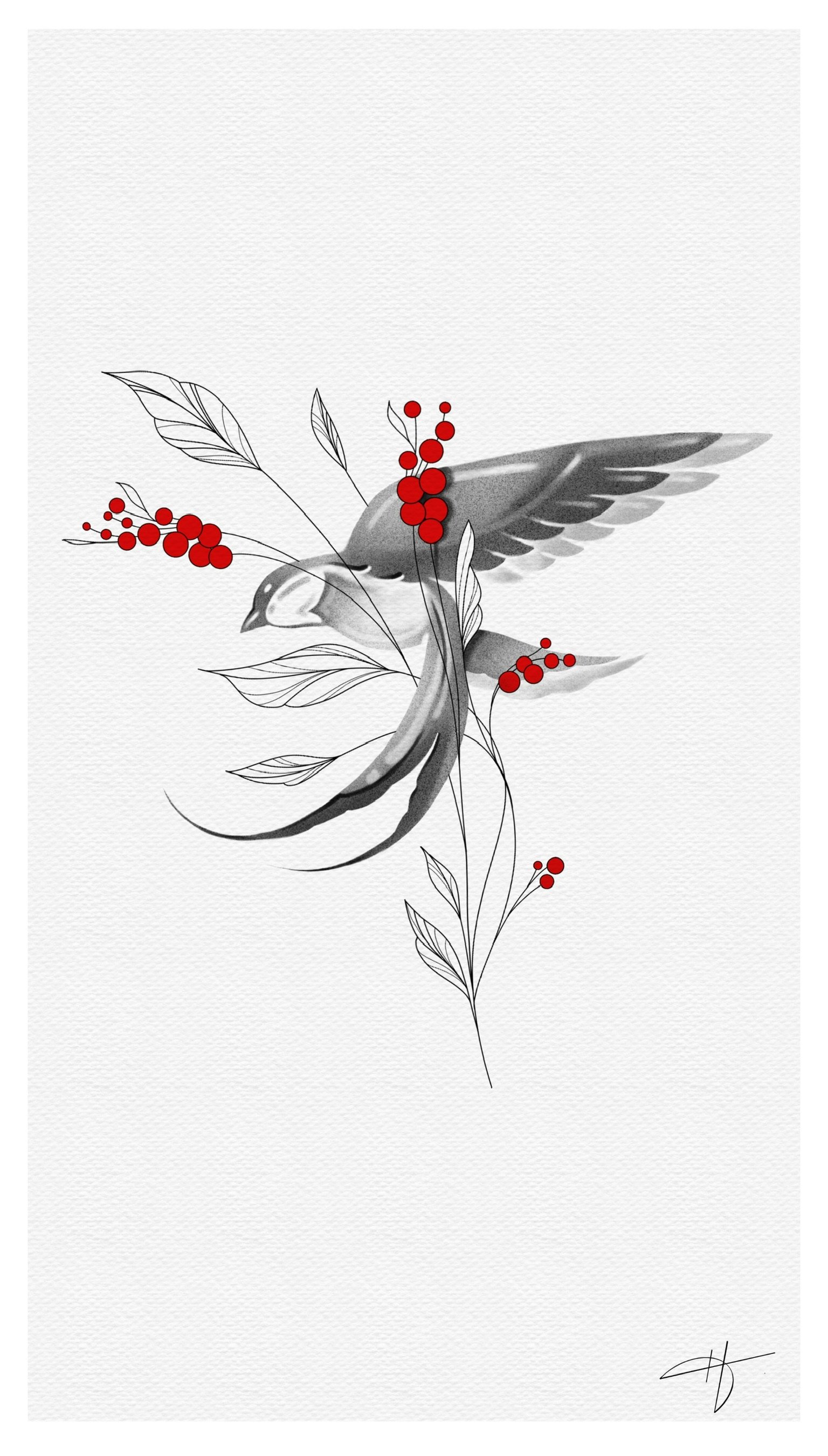 An illustration of a flying bird intertwined with a branch with leaves and red berries, rendered in black, white, and gray tones, with the berries in bright red.
