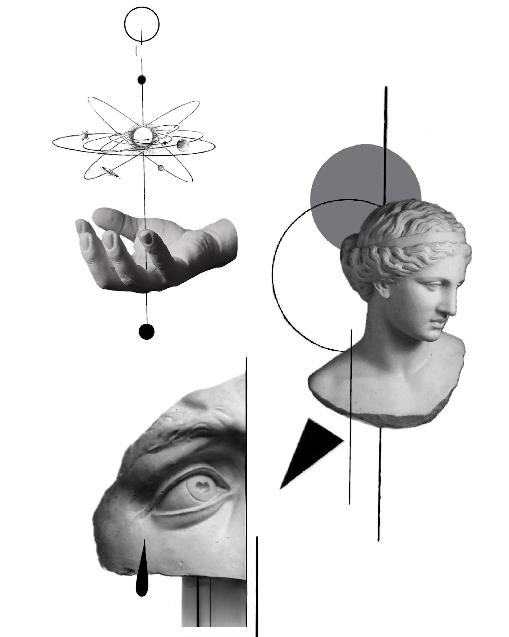 Abstract collage with classical sculptures, a hand, planetary models, geometric shapes, and black and white artistic elements.