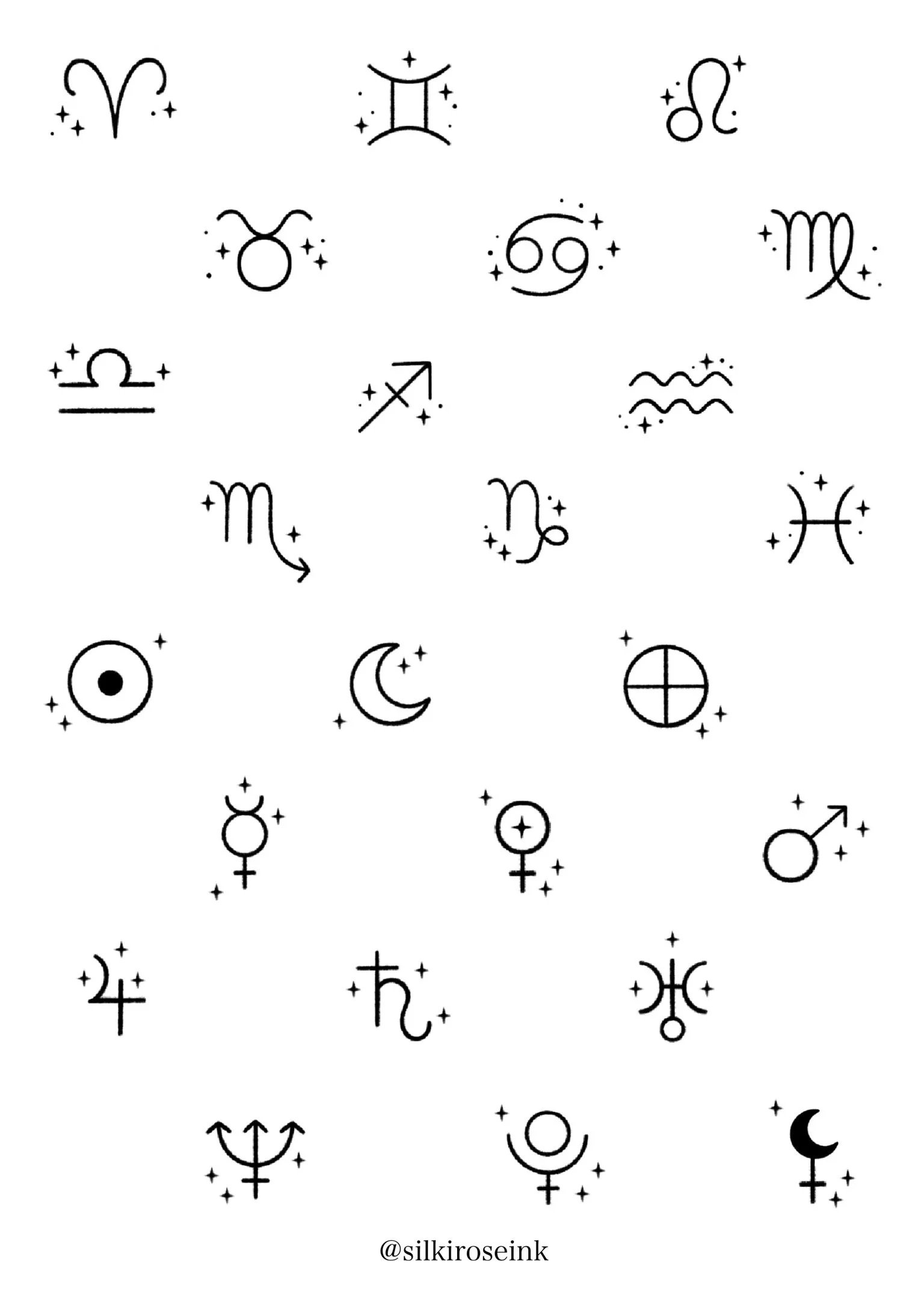 Illustration of the 12 zodiac signs arranged in a grid-like pattern, each symbol decorated with small stars, including Aries, Taurus, Gemini, Cancer, Leo, Virgo, Libra, Scorpio, Sagittarius, Capricorn, Aquarius, and Pisces.