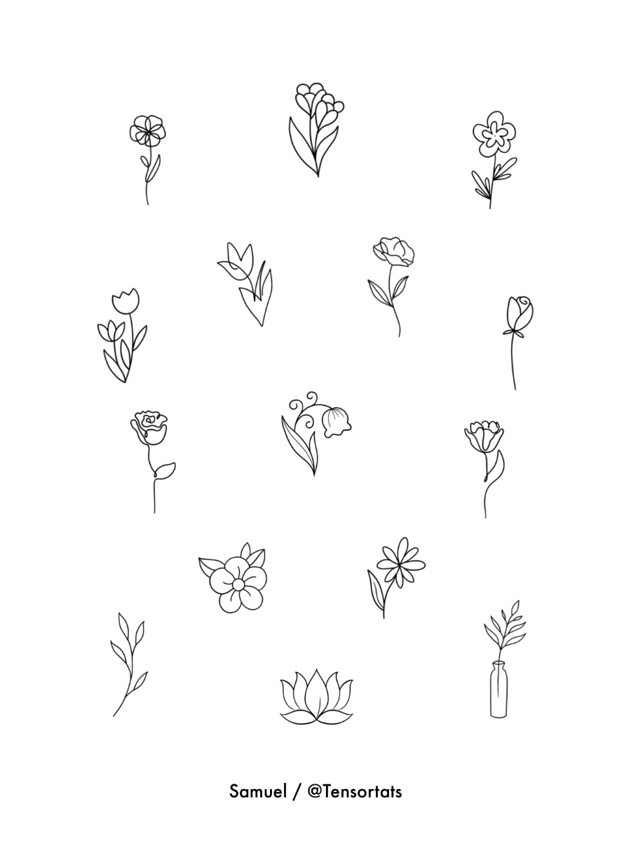 Line drawings of various flowers and a vase, arranged in a scattered pattern, with the artist's name 'Samuel / @Tensortats' at the bottom.