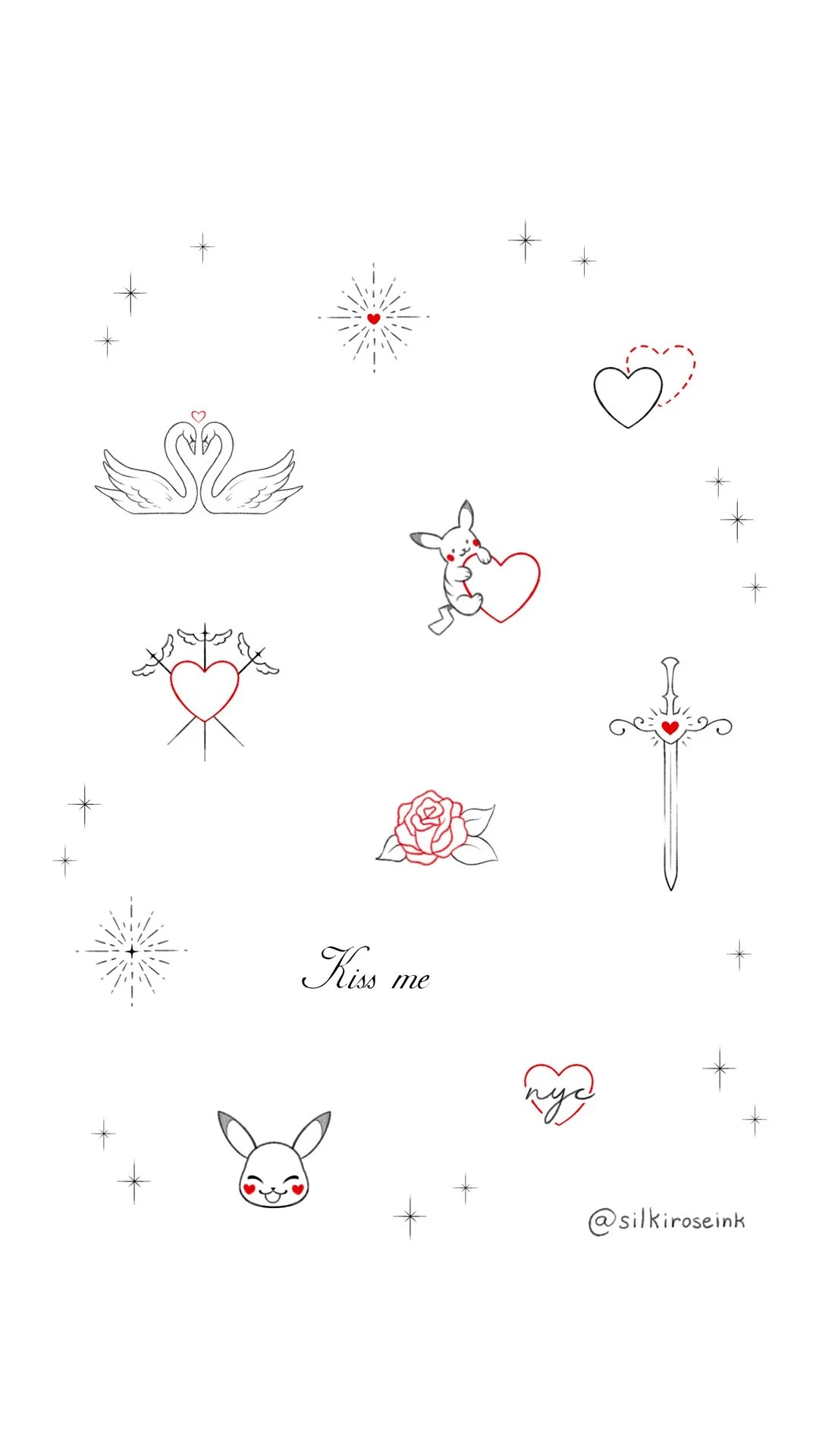 Valentine's Day themed illustration with swans, hearts, a bunny, a rose, a sword, a cute bunny face, and stars. Text reads: "Kiss me" and a small heart with "NYC" inside. @silkroseink is written at the bottom.