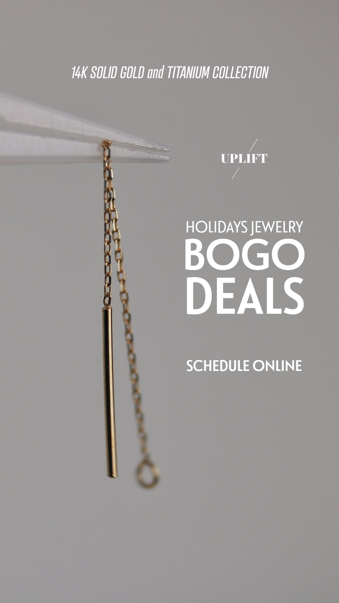 Close-up of a gold necklace hanging from a pair of tweezers, with gray background and overlay text about jewelry collection and holiday deals.