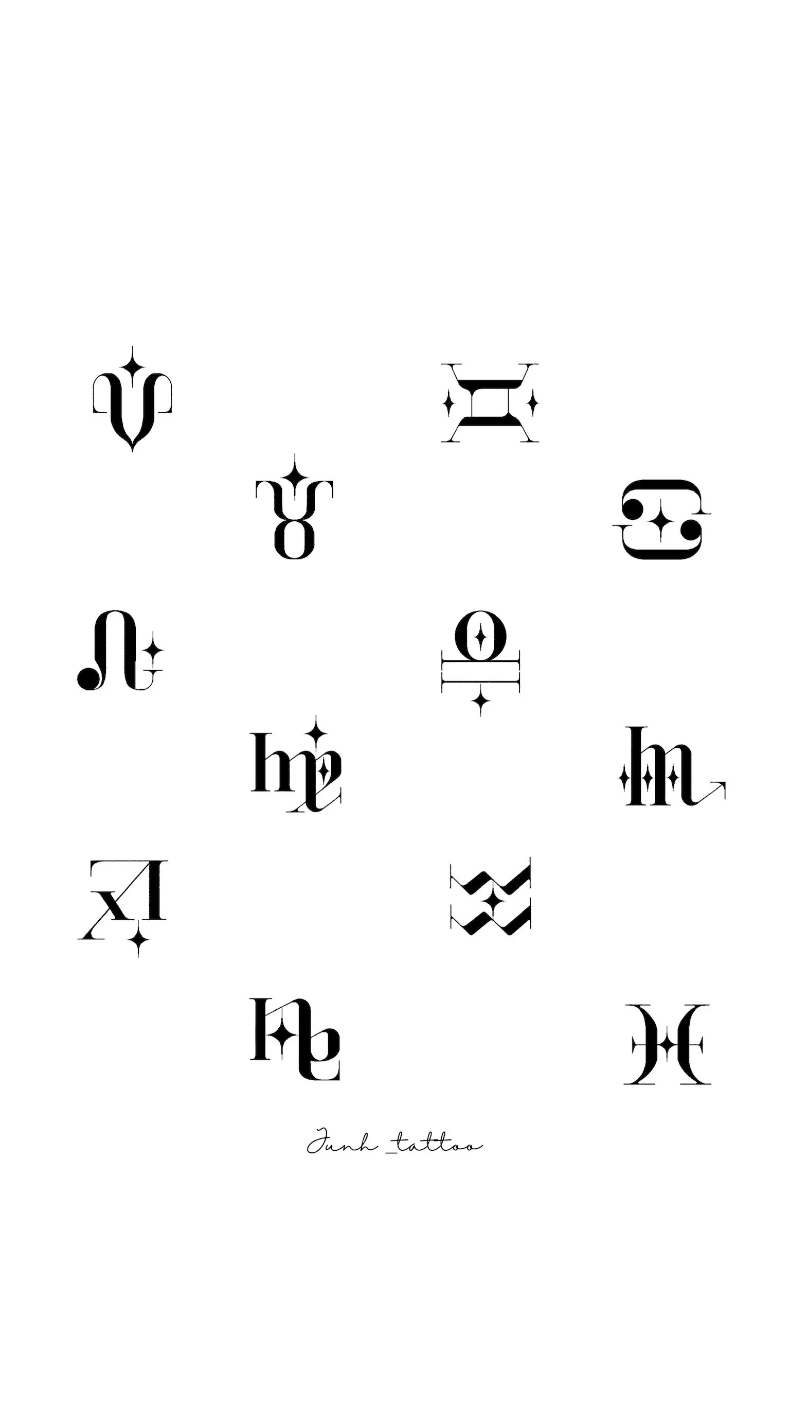 A collection of various black tattoo-style symbols and letters arranged in a scattered pattern with the signature 'tanh_tattoo' at the bottom.