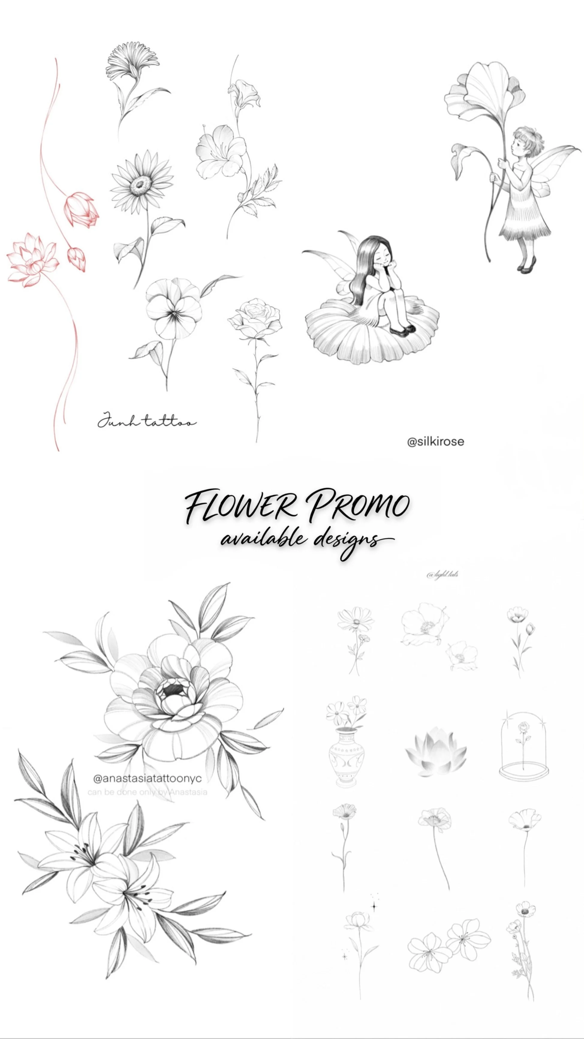 Black and white floral illustrations featuring various flowers, a girl sitting on a flower, a girl holding a flower, and a flower in a vase, with the text "Flower Promo available designs" and different artist credit signatures.