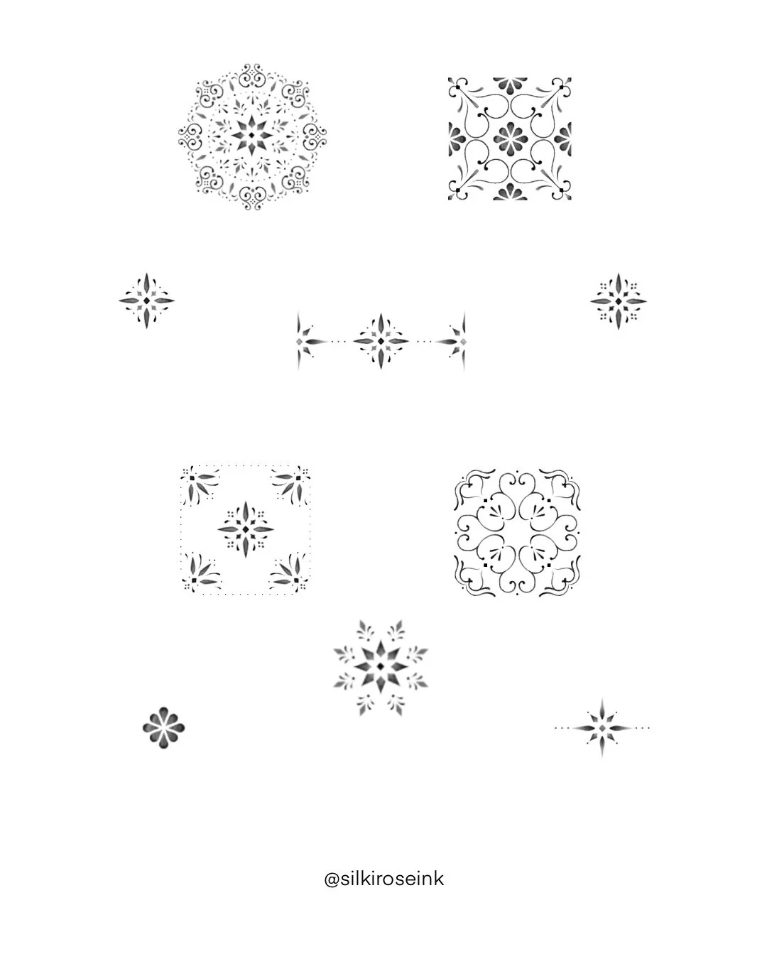 Collection of black and white intricate floral and geometric stencil designs arranged in a grid on a white background with an Instagram handle '@silkiroseink' at the bottom.
