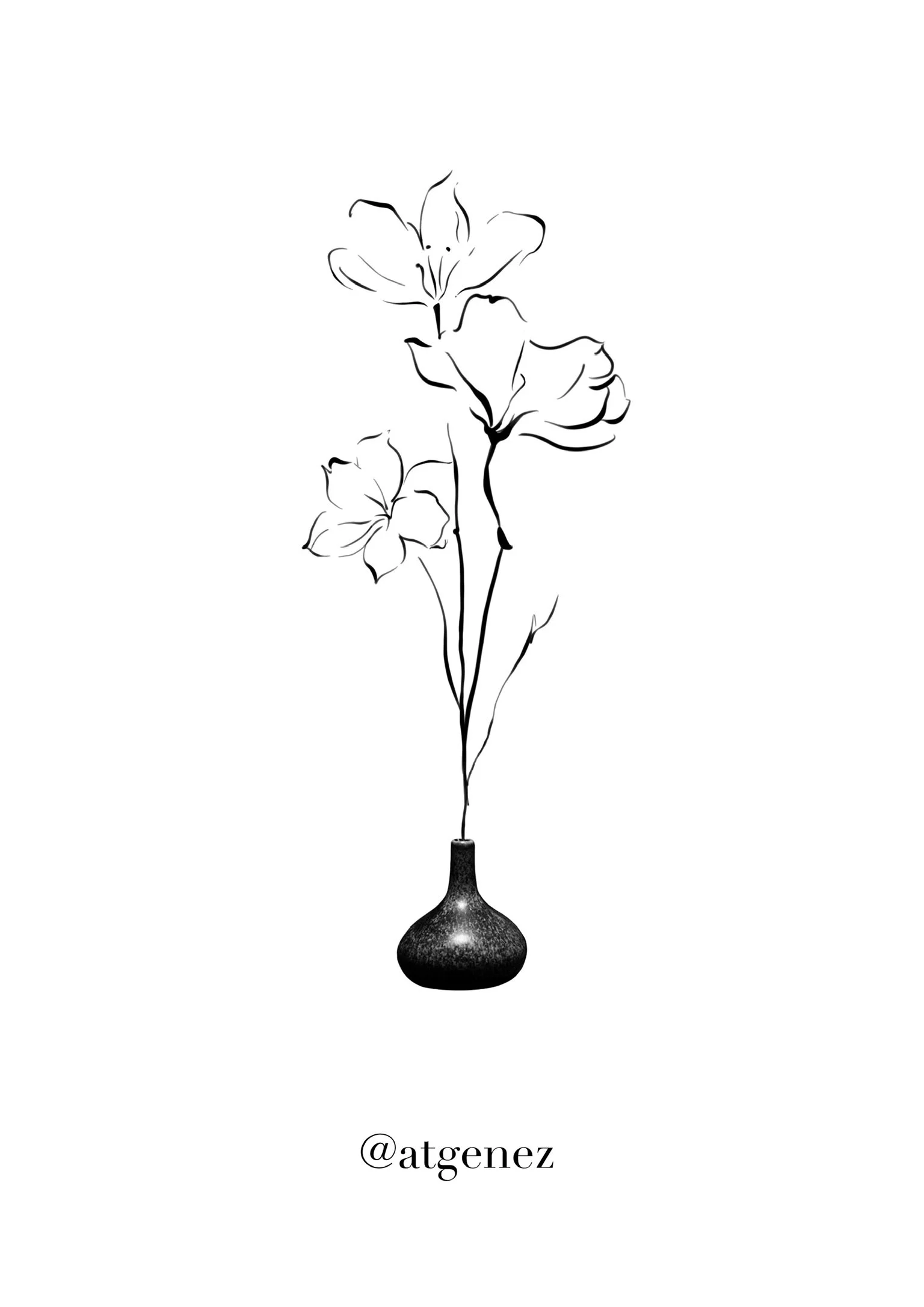 Black and white minimalist illustration of a vase with flowers, featuring simple line art without color details, and the username '@atgomez' written below.