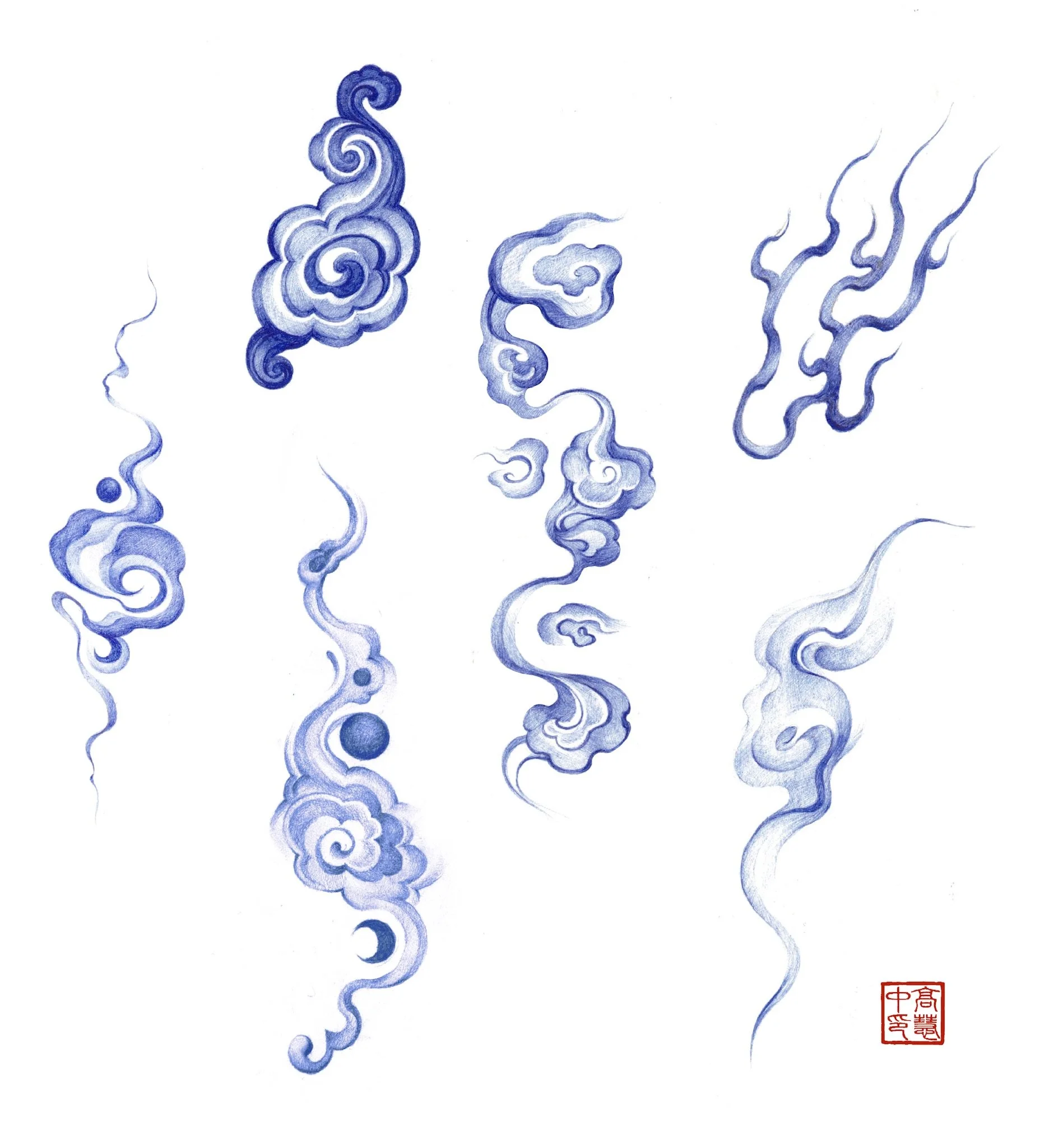Collection of blue and white watercolor-style clouds and smoke patterns on a white background with a red seal stamp in the lower right corner.