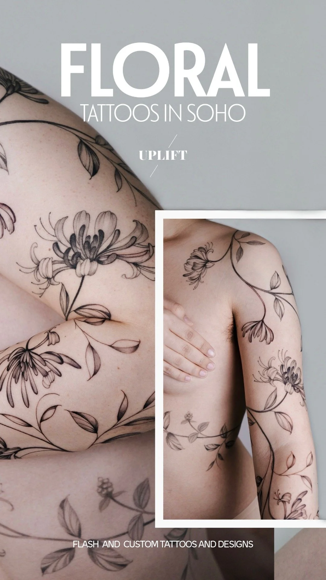 Tattooed person showing floral tattoos on shoulder, chest, and arm, with text overlay about floral tattoos in Soho and tattoo services.