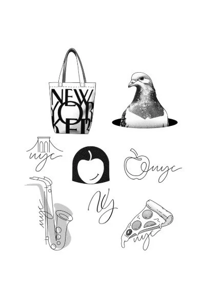 A tote bag with the text "NEW YORK" and an illustration of a cityscape, a pigeon, a signature, an apple, a saxophone, and a slice of pizza.