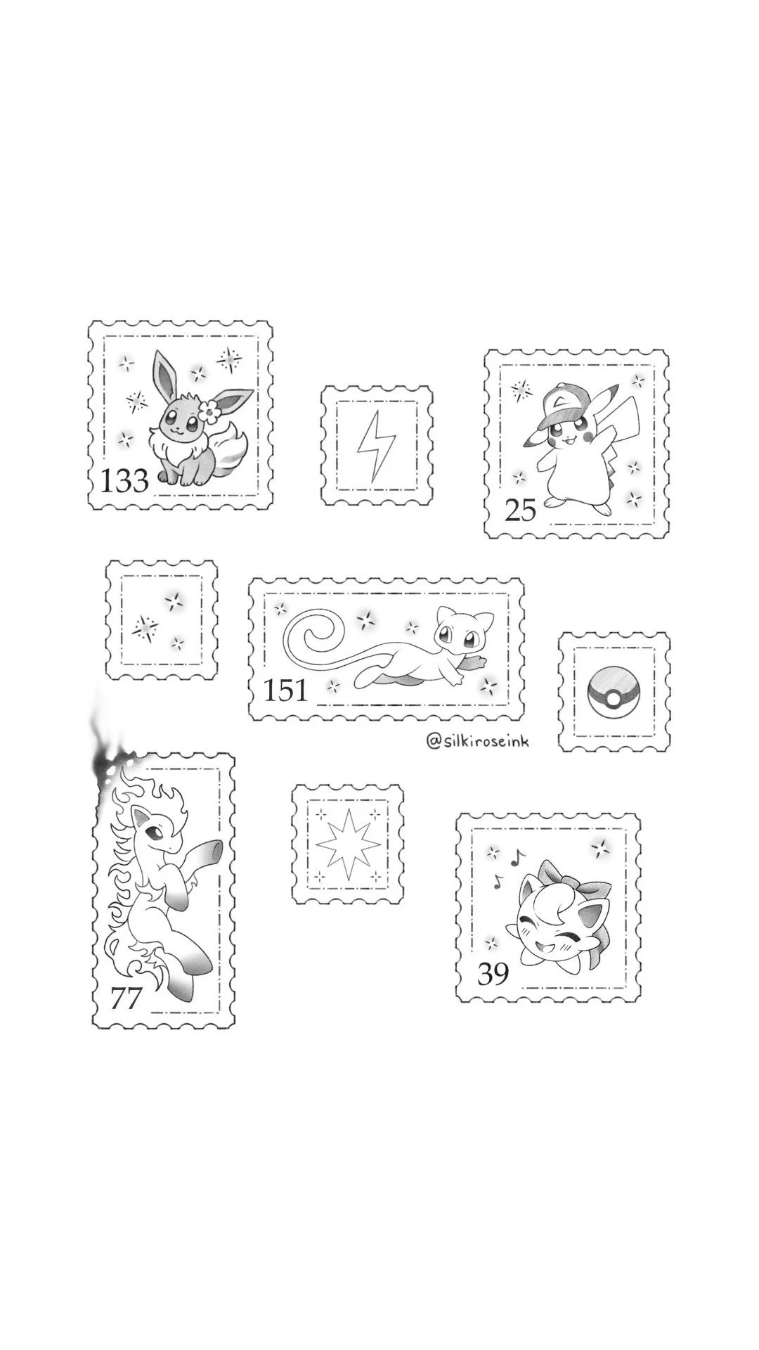 Black and white coloring page featuring eight different Pokémon characters and symbols, including Eevee, Pikachu, Ponyta, Meowth, and others, with some indicating numbers and symbols like a lightning bolt, Poké Ball, and starburst.