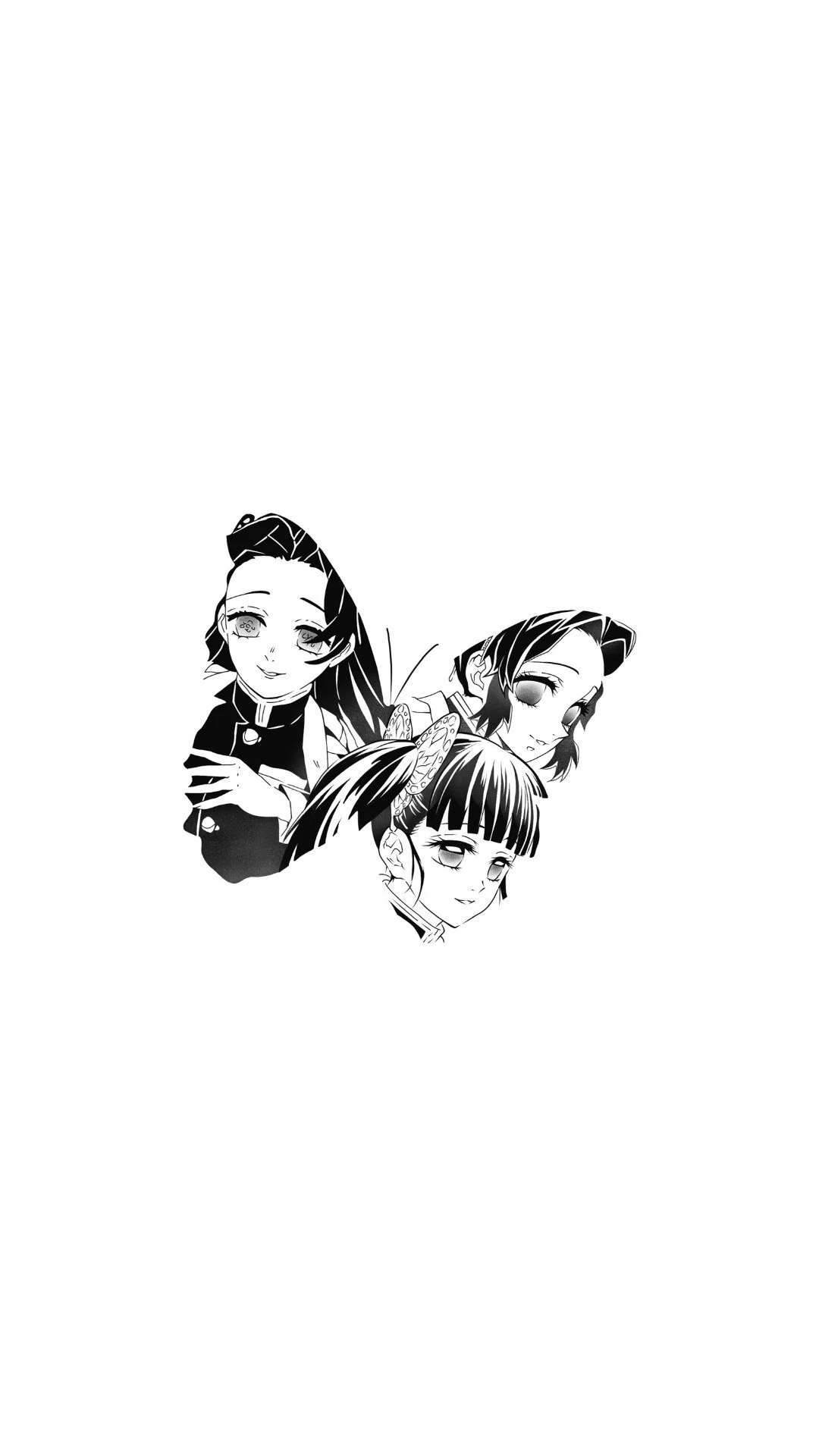 Black and white illustration of three anime-style girls with different hairstyles and facial expressions, positioned closely together.