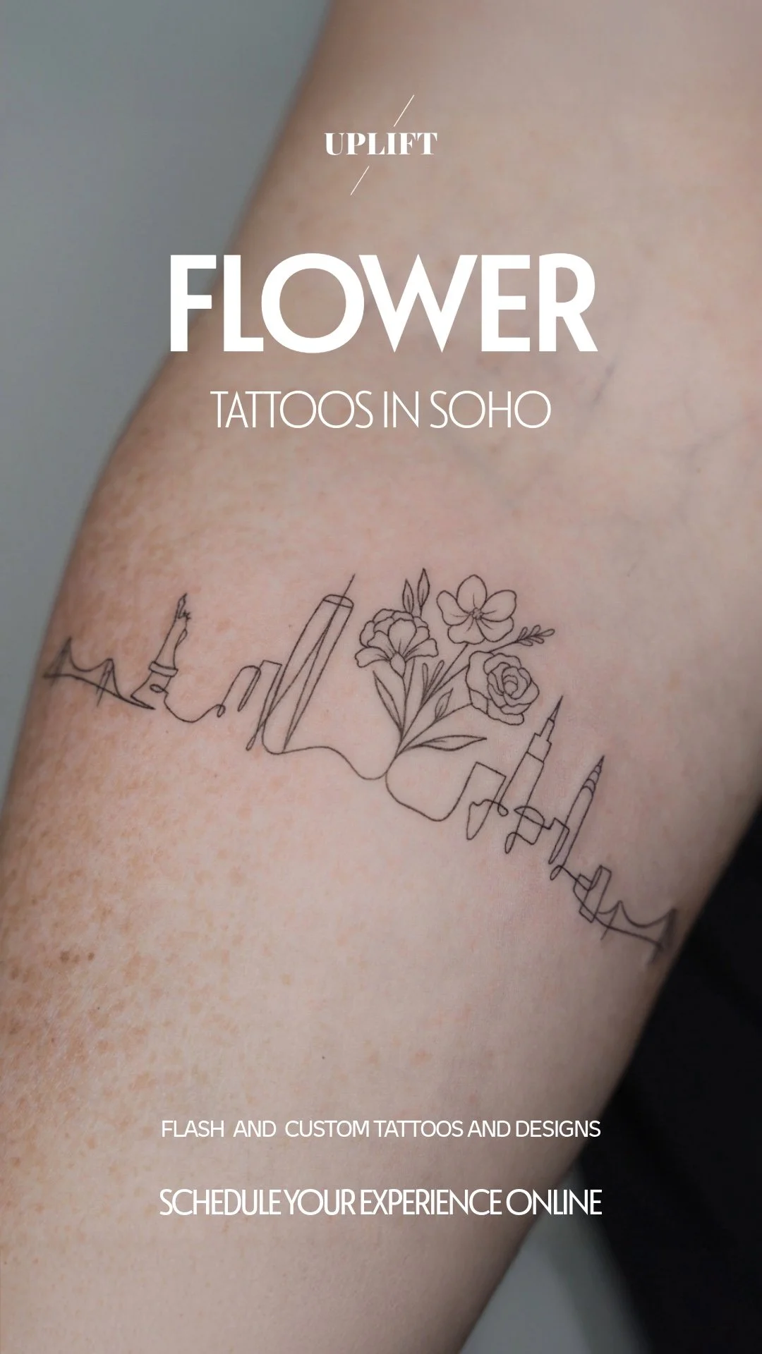 Tattoo of a city skyline with flowers and syringes in a continuous line on a person's arm