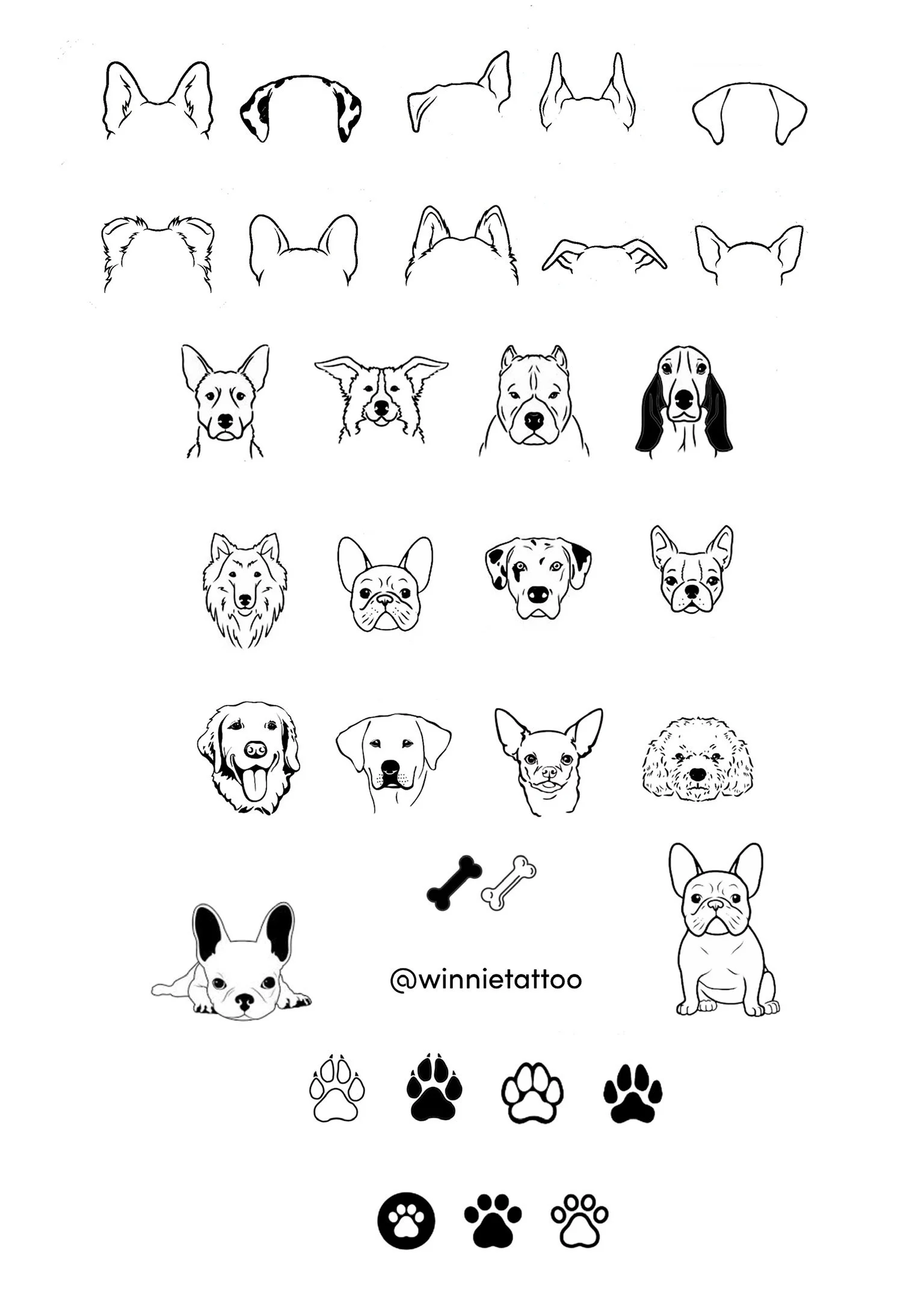 A collection of black and white line drawings of dog faces, ears, and paws, with a few colored cheeks on some faces. The drawings include various breeds such as a French Bulldog, Dachshund, Poodle, German Shepherd, Bulldog, and others. There are also
