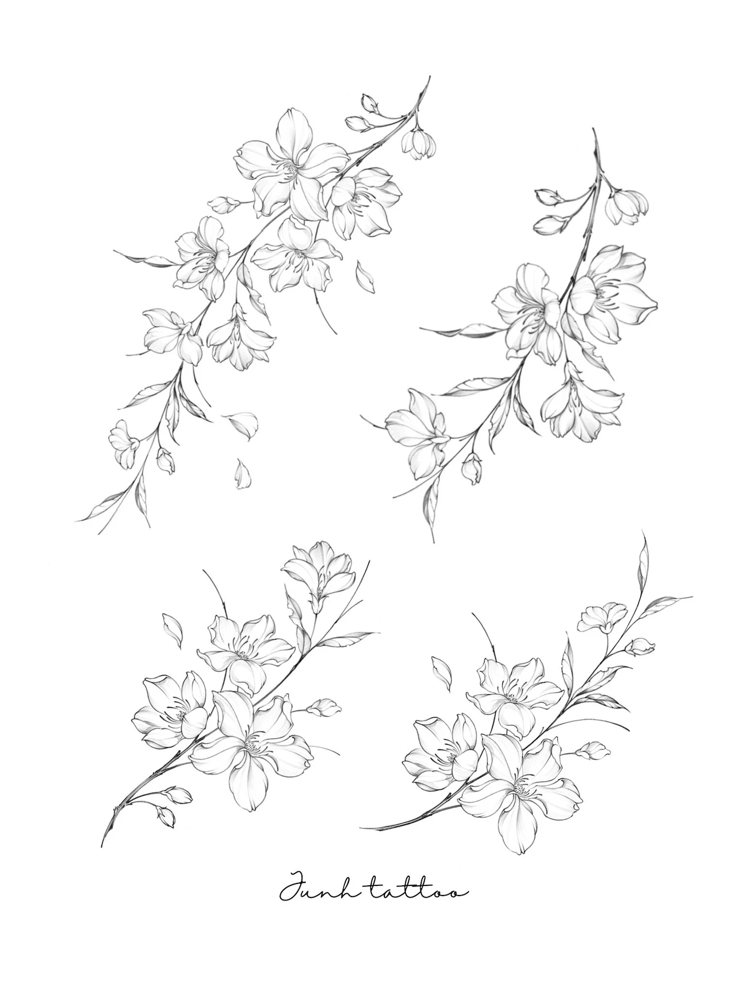 Line drawing of four cherry blossom branches with flowers and buds, and the words 'Junh tattoo' at the bottom.