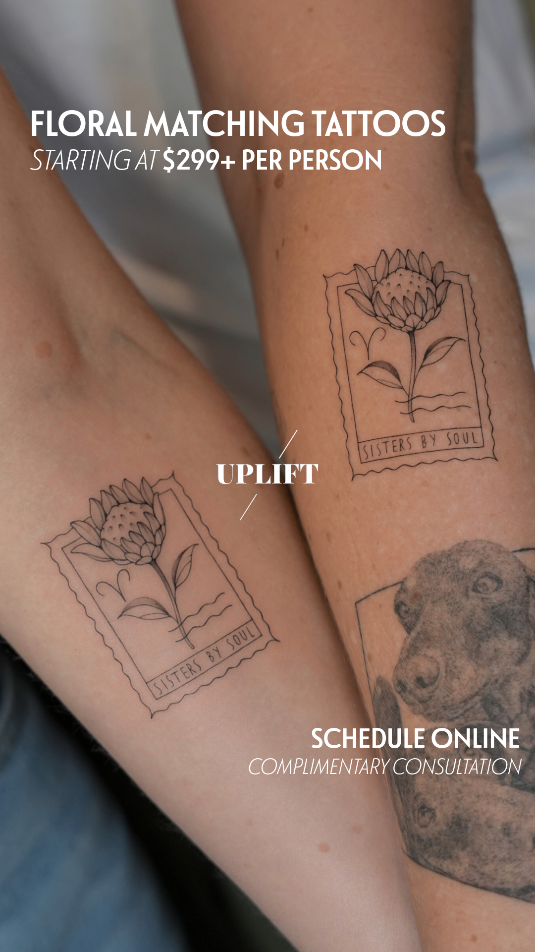 Two arms with matching floral tattoos and a bear tattoo, promoting floral matching tattoos starting at $299+ per person, with options to schedule online for a free consultation.