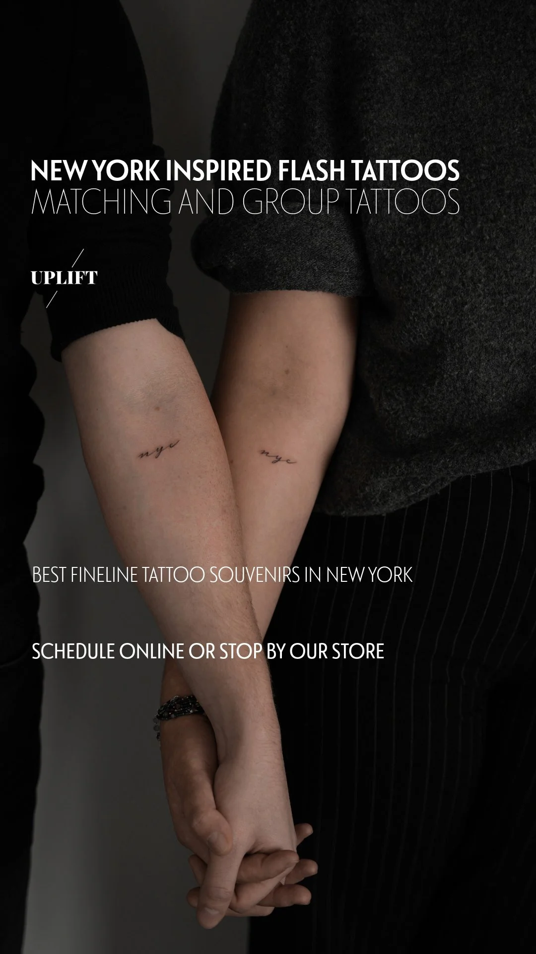 A close-up photo of two people holding hands, with matching tattoos on their inner forearms that read 'nyc'. The background is dark and the text describes New York inspired flash tattoos, calling them the best fineline tattoo souvenirs in New York and inviting scheduling online or visiting the store.