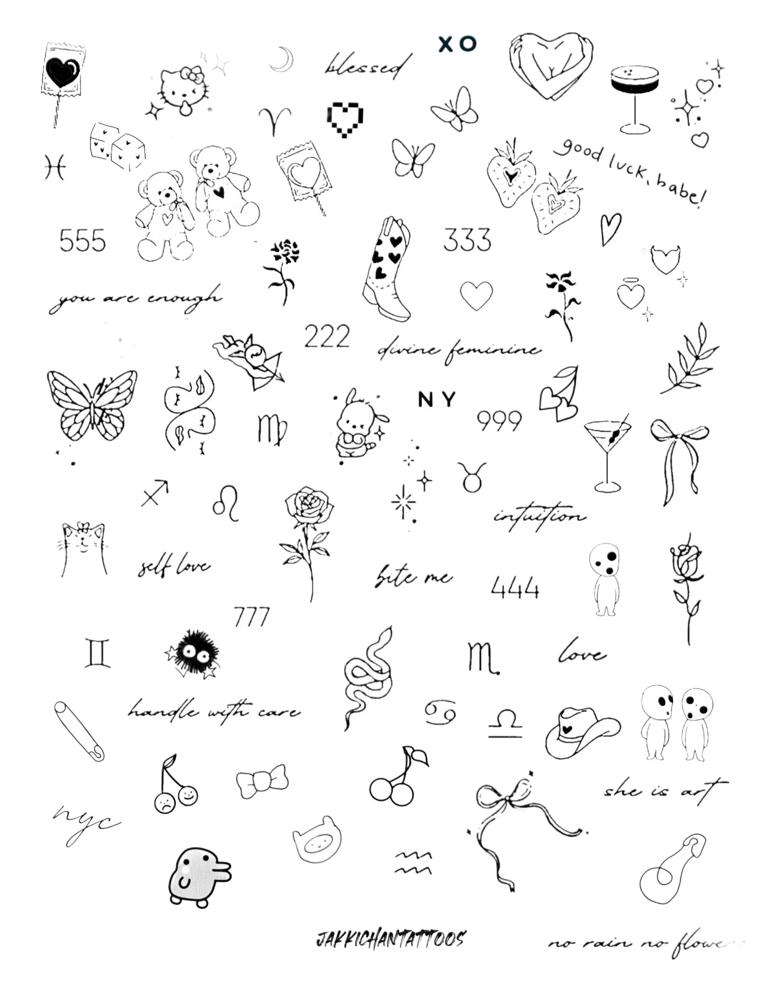 A collection of black and white doodles including hearts, stars, flowers, animals, zodiac symbols, and handwritten phrases such as "blessed," "you are enough," "self love," and "she is art."